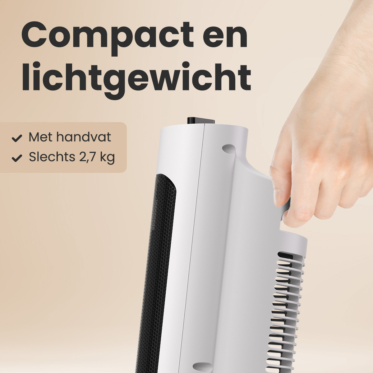 A hand holding a white and black heater. Text reads 'Compact and lightweight'. Features like handle and weight are mentioned.