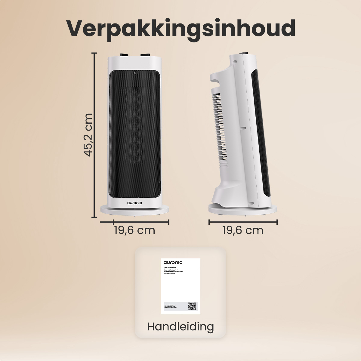 Two white and black tower heaters with dimensions. A manual is at the bottom. The text "Verpakkingsinhoud" is at the top.