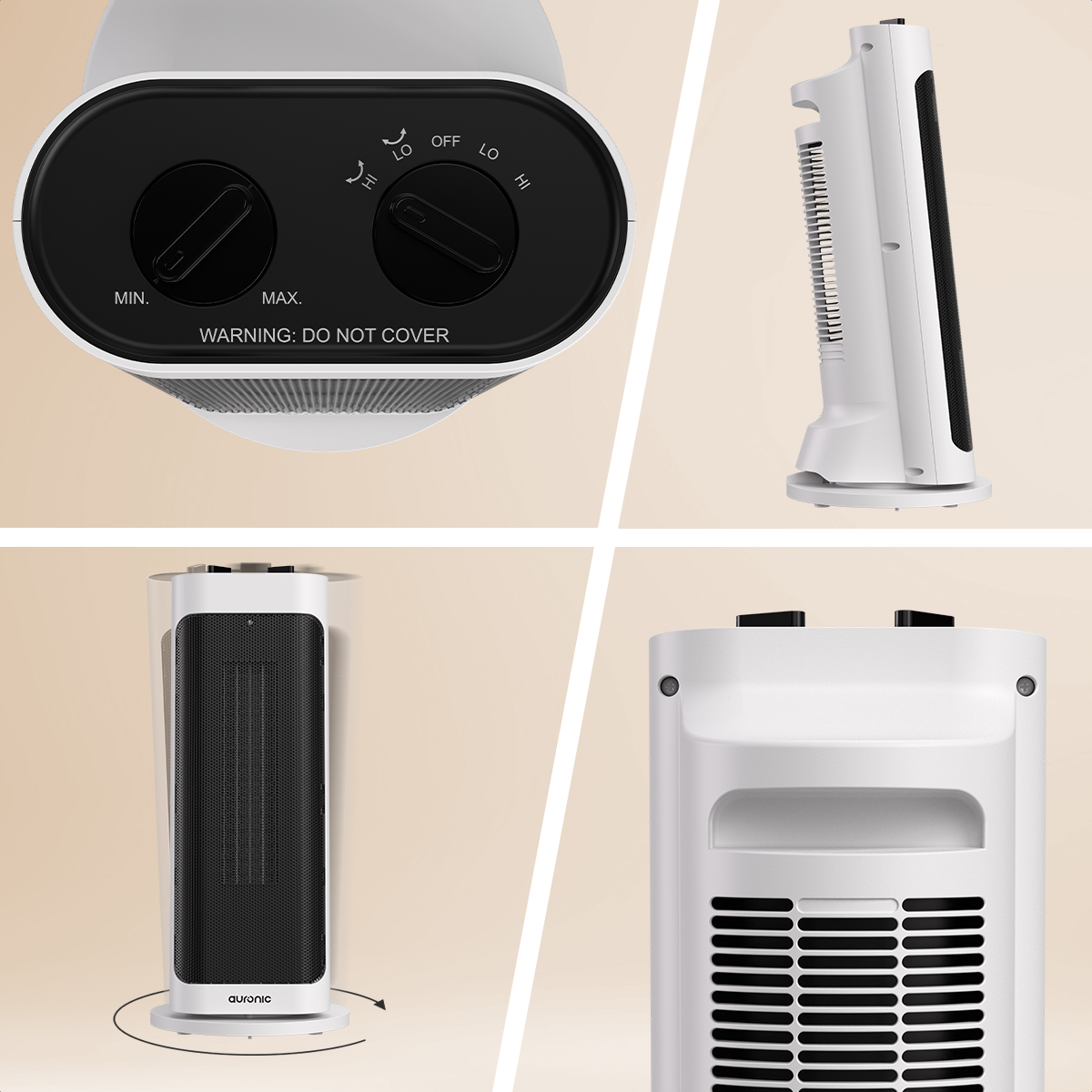 A white electric heater with black details. It has two dials, a mesh front, and a handle. The heater is on a cream background.