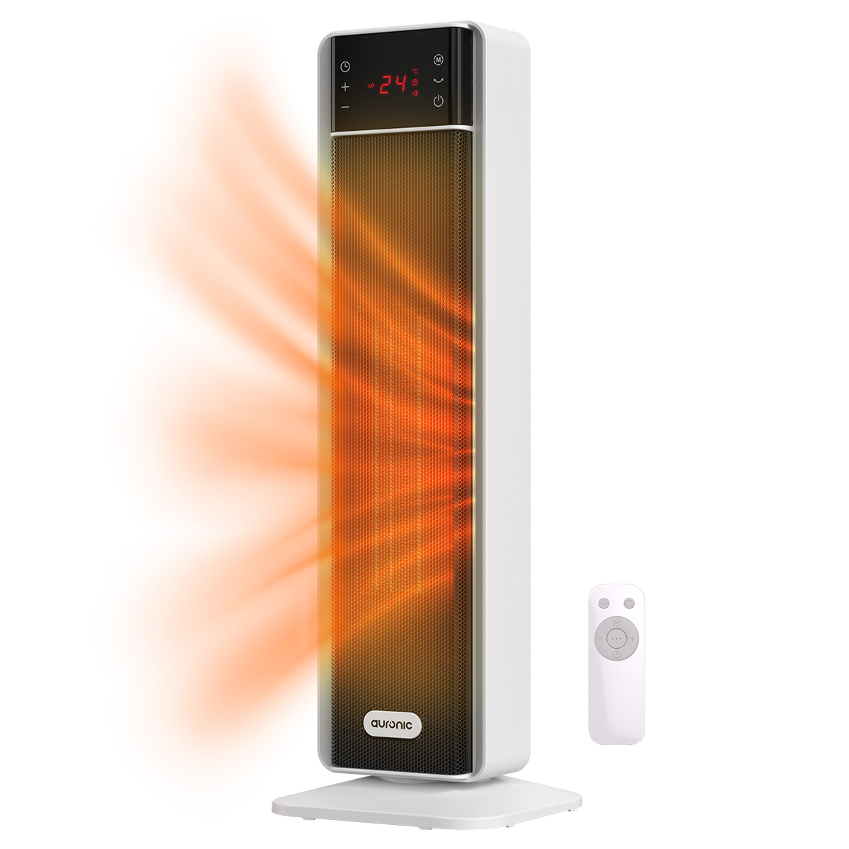 Een witte elektrische kachel met een digitale display die 24 graden weergeeft. Hij heeft een afstandsbediening en straalt oranje warmte uit.