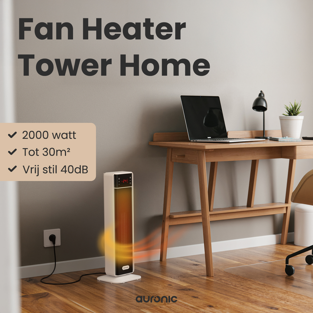 Een witte ventilatorkachel staat op een houten vloer. Een bureau met een laptop en een plant staat op de achtergrond. Specificaties worden vermeld.