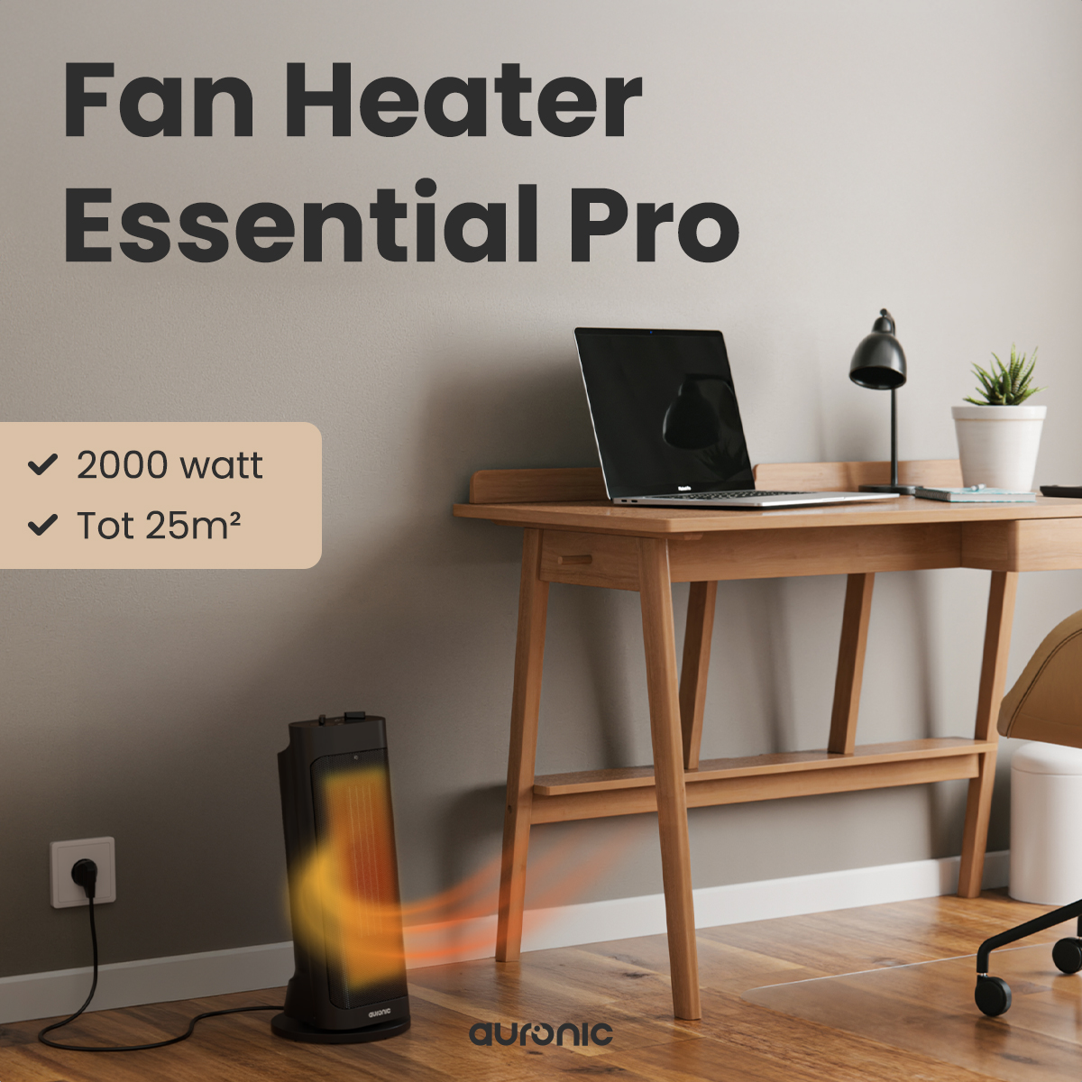 Black fan heater emitting orange heat. Desk with laptop, lamp, and plant. Text: Fan Heater Essential Pro, 2000 watt, Tot 25m².