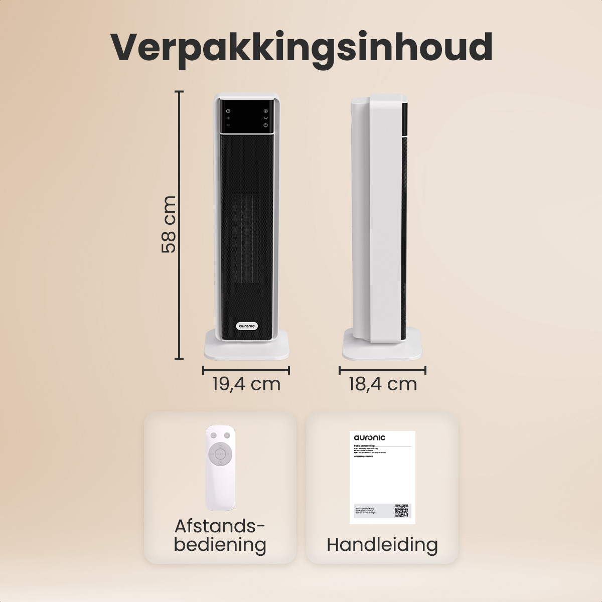 Twee kachels, een afstandsbediening en een handleiding worden weergegeven. Afmetingen: 58 cm hoog, 19,4 cm en 18,4 cm breed.