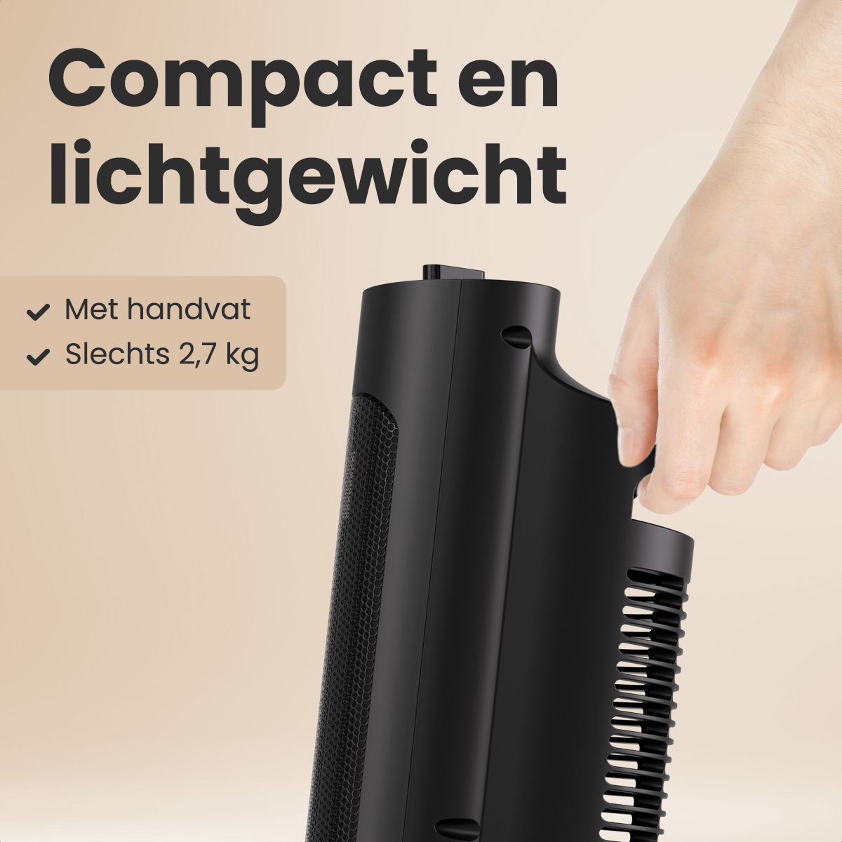 A hand holding a black electric heater. The heater has a handle and a grid. Text: Compact and lightweight.