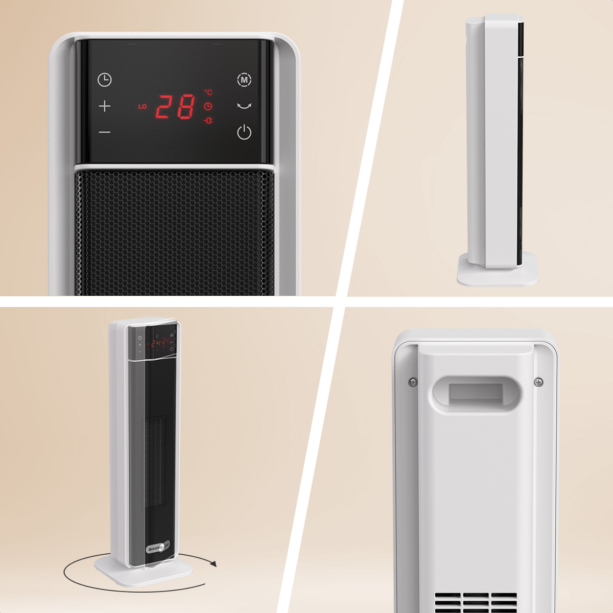 Witte elektrische kachel met digitaal display met 28 graden. Het heeft een zwart gaasfront en een handvat aan de achterkant.