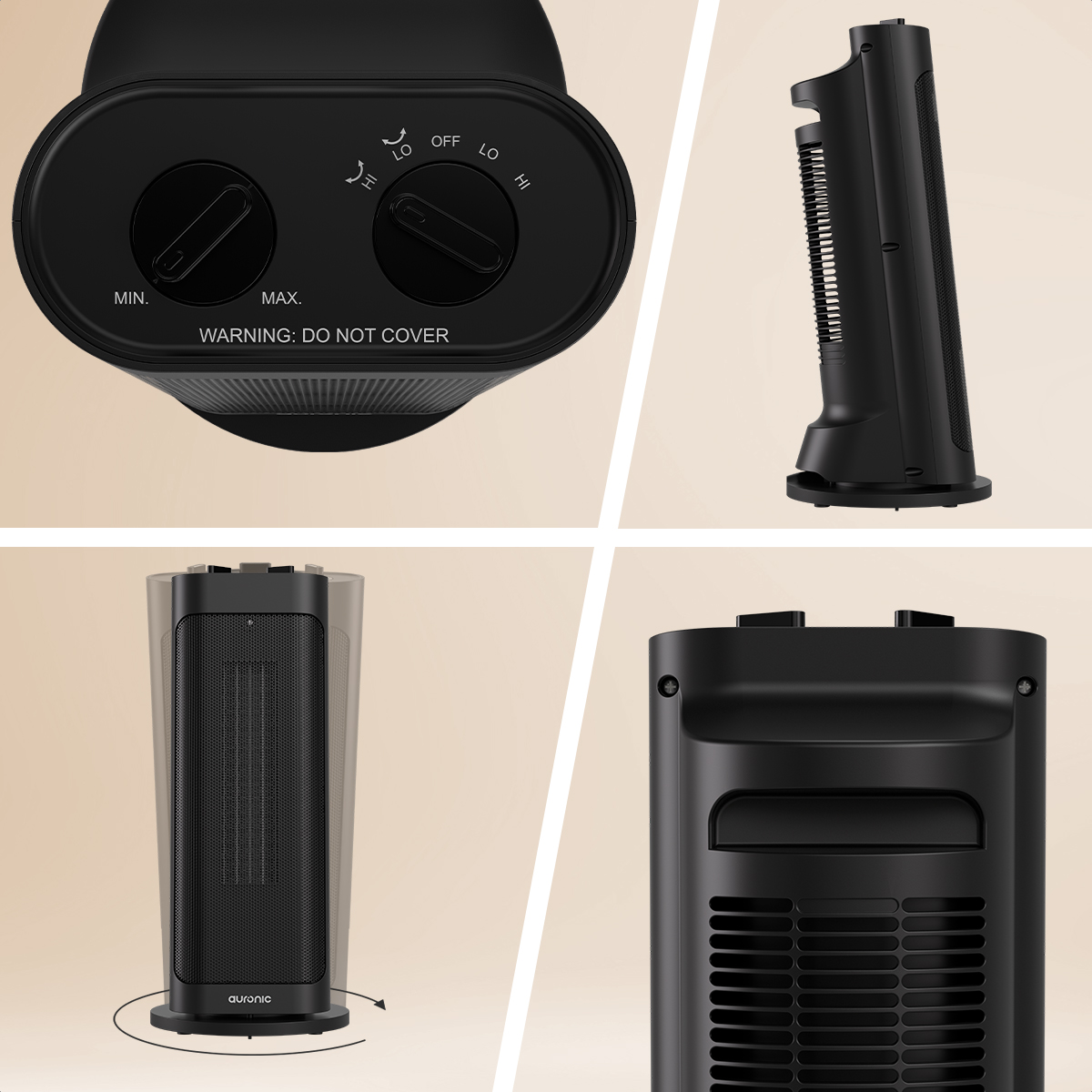 Black space heater with control knobs, warning label, and a rotating base. Various views show the heater's design and features.