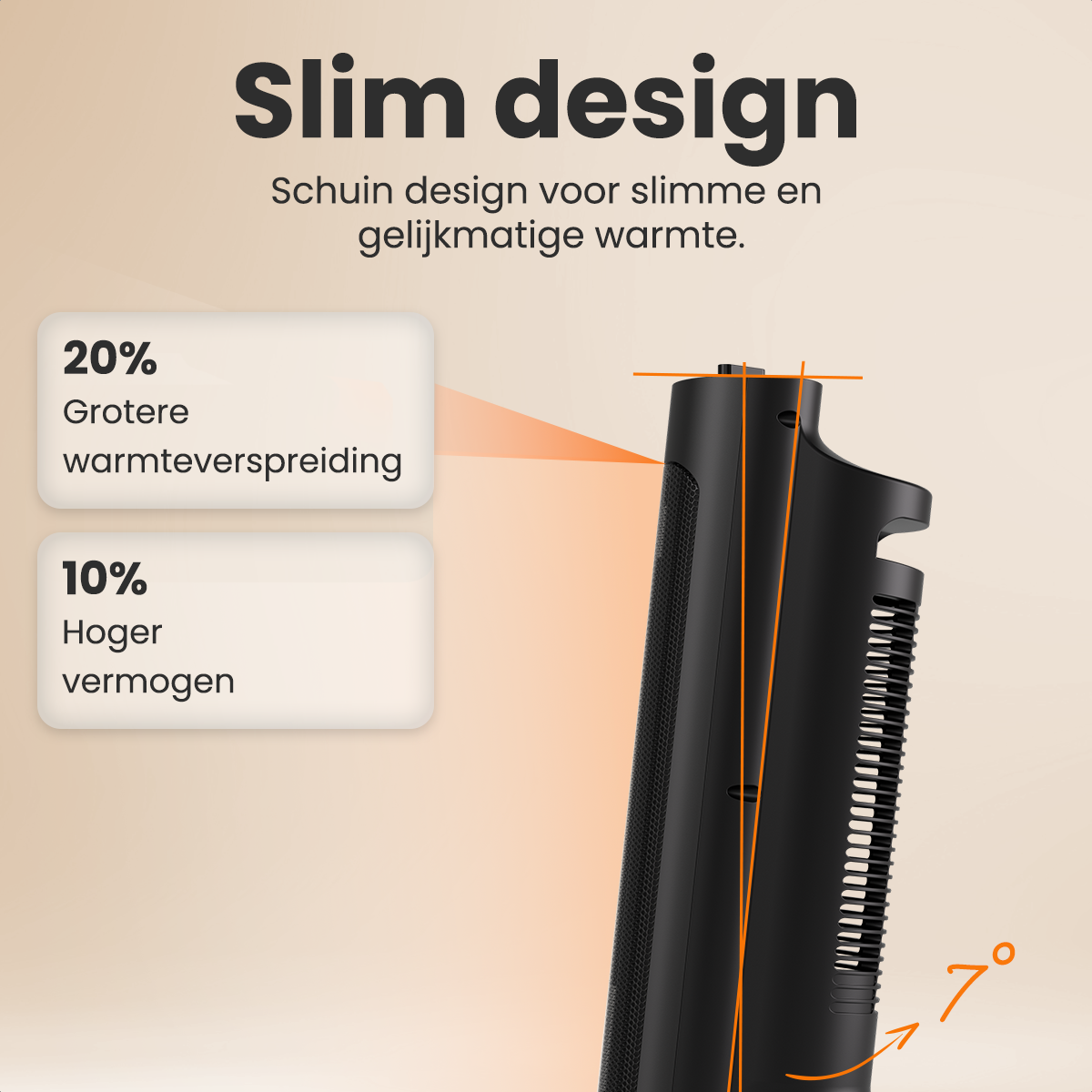 A black slim design heater with orange lines indicating heat spread. Text includes 'Slim design' and '20% greater heat distribution'.
