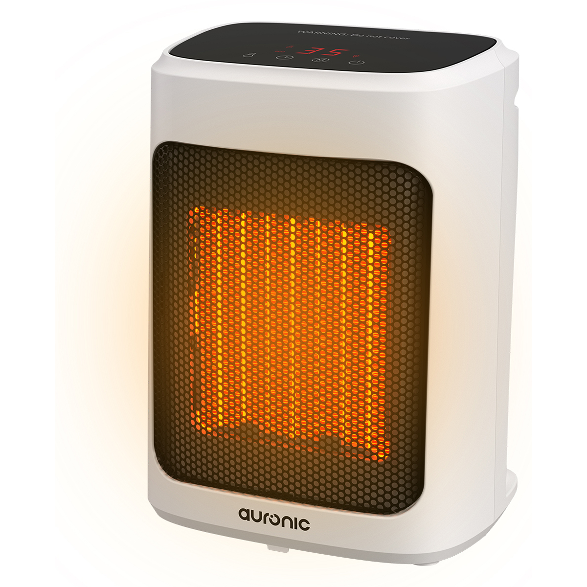 Un radiateur électrique blanc avec un dessus noir. L'avant a un maillage noir avec une lueur orange. L'écran affiche le chiffre 35.