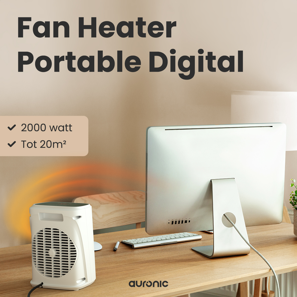 Radiateur soufflant blanc sur un bureau en bois. Un ordinateur et un clavier sont également visibles. Texte : Radiateur soufflant numérique portable, 2000 watts, Tot 20m2.