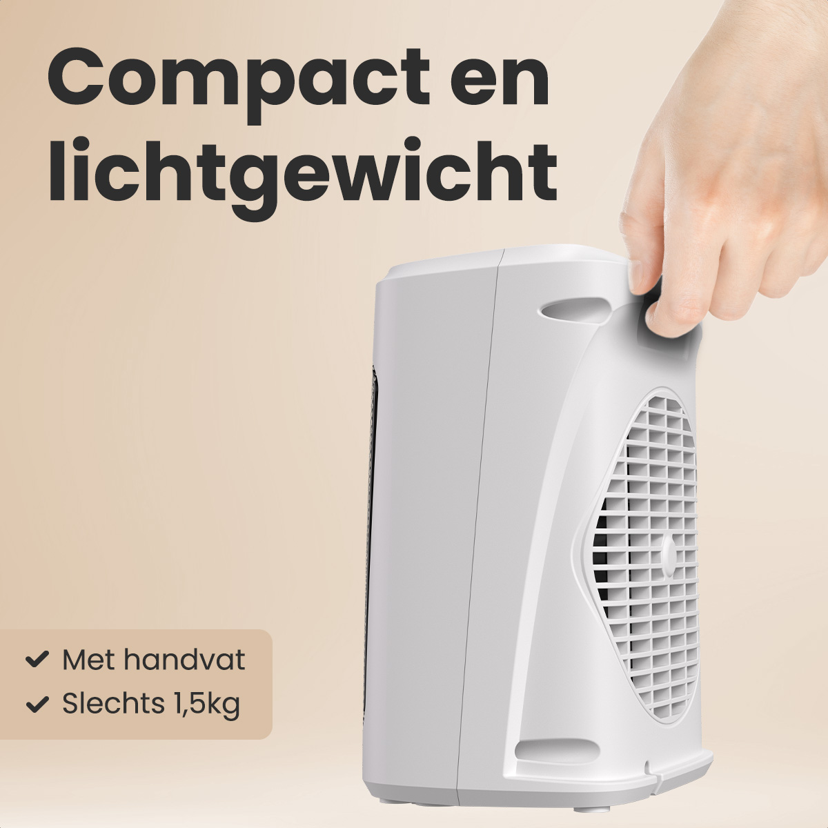 Un radiateur blanc et compact est tenu par une main. Le radiateur a un design en grille. Le texte dit 'Compact et léger'.