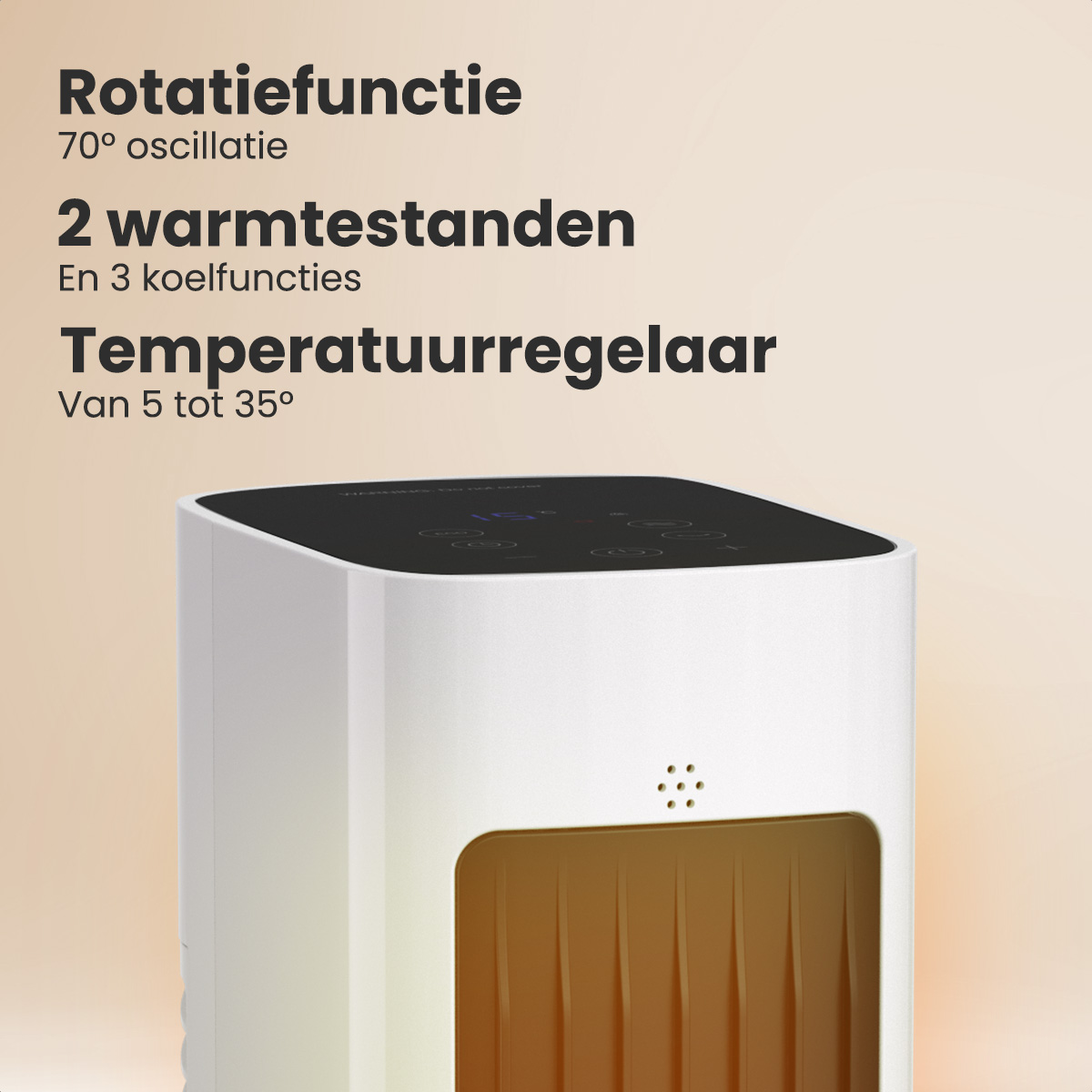 Een wit-zwarte kachel met tekst die functies aangeeft zoals rotatie, temperatuurregeling en verschillende instellingen.