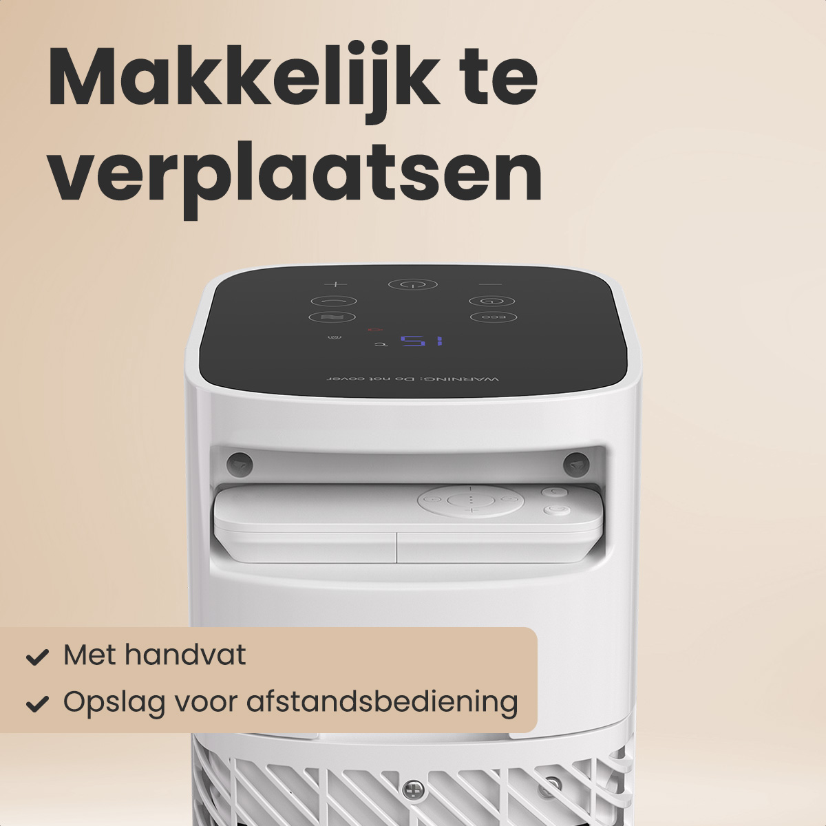 Een witte luchtreiniger met een zwart bovenkant. Het heeft een afstandsbedieningsopslag en een handvat. De tekst 'Makkelyk te verplaatsen' is zichtbaar.