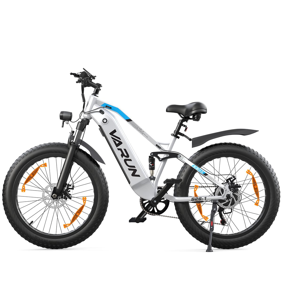 Biały i srebrny rower elektryczny z czarnymi oponami. Ma niebieski pasek. VARUN jest napisane na ramie. Tło jest białe.