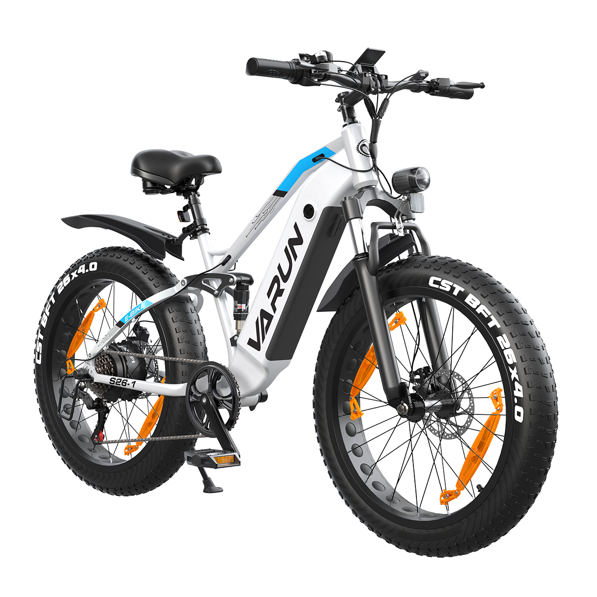 Biało-czarny rower elektryczny Varun z dużymi oponami i pomarańczowymi odblaskami, wyizolowany na białym tle.