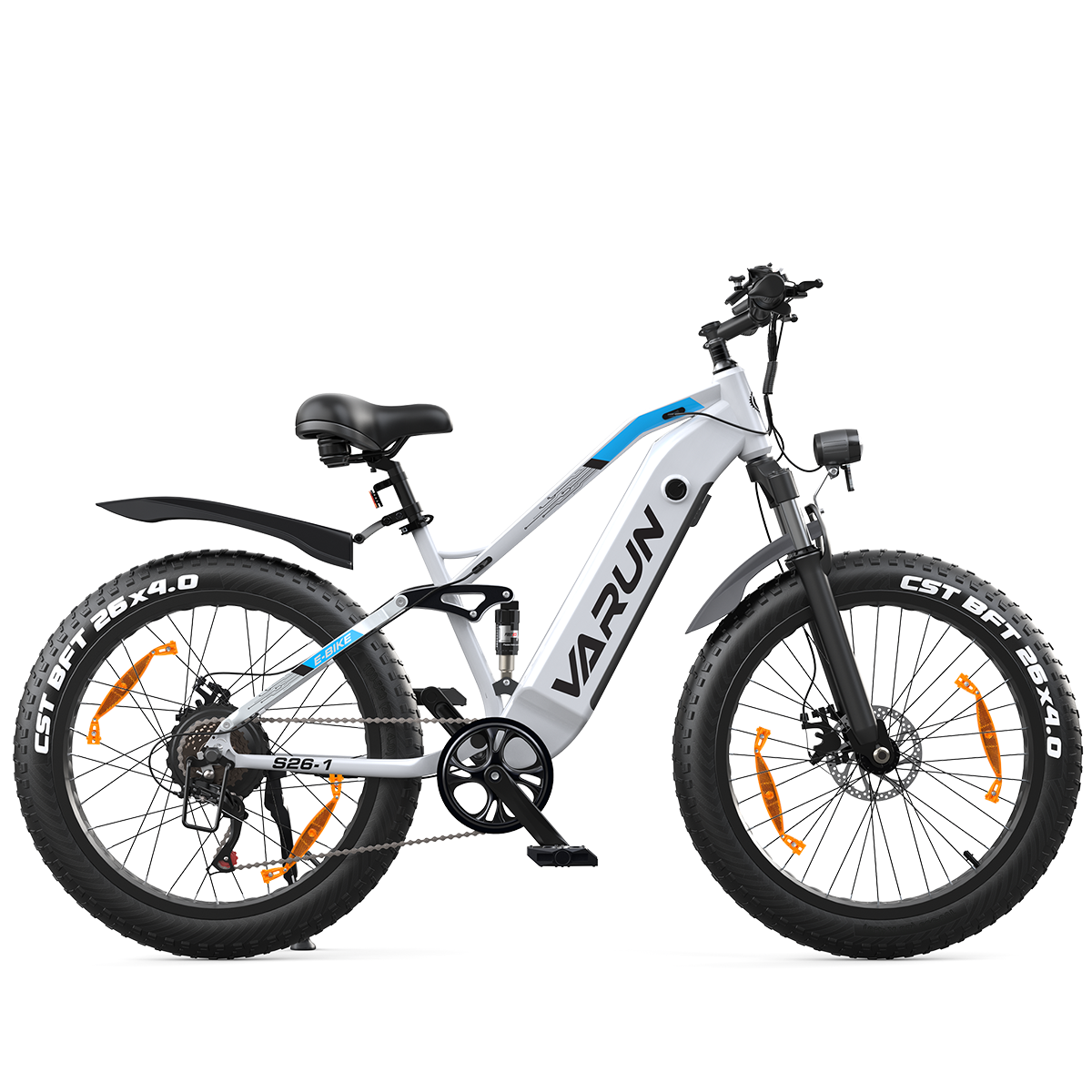 Rower elektryczny. Jest biało-szary z czarnymi oponami. Marka to VARUN. Ma niebieski pasek i odblaski.