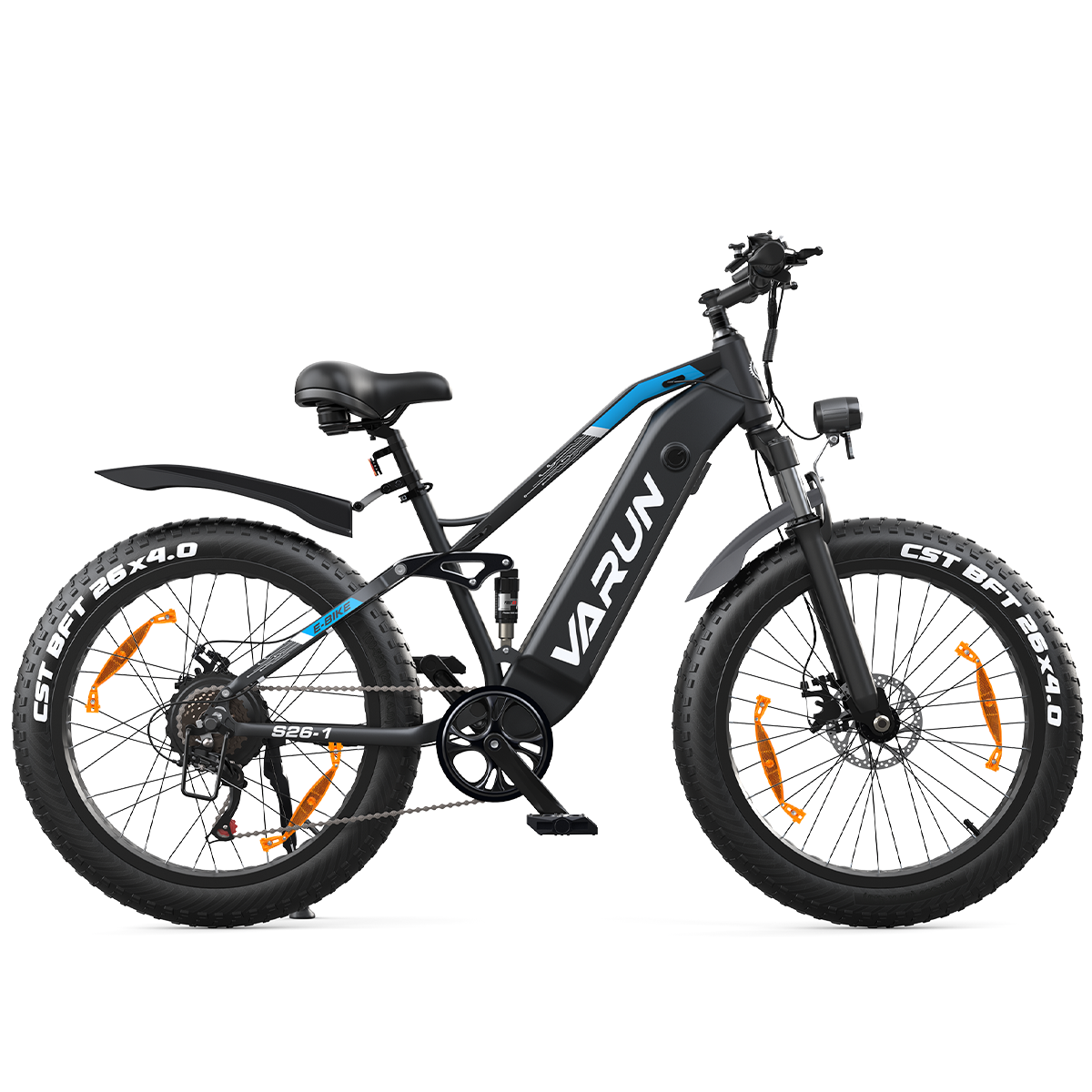 Czarno-niebieski rower elektryczny Varun z dużymi oponami. Posiada reflektor, błotniki i czarne siedzenie.