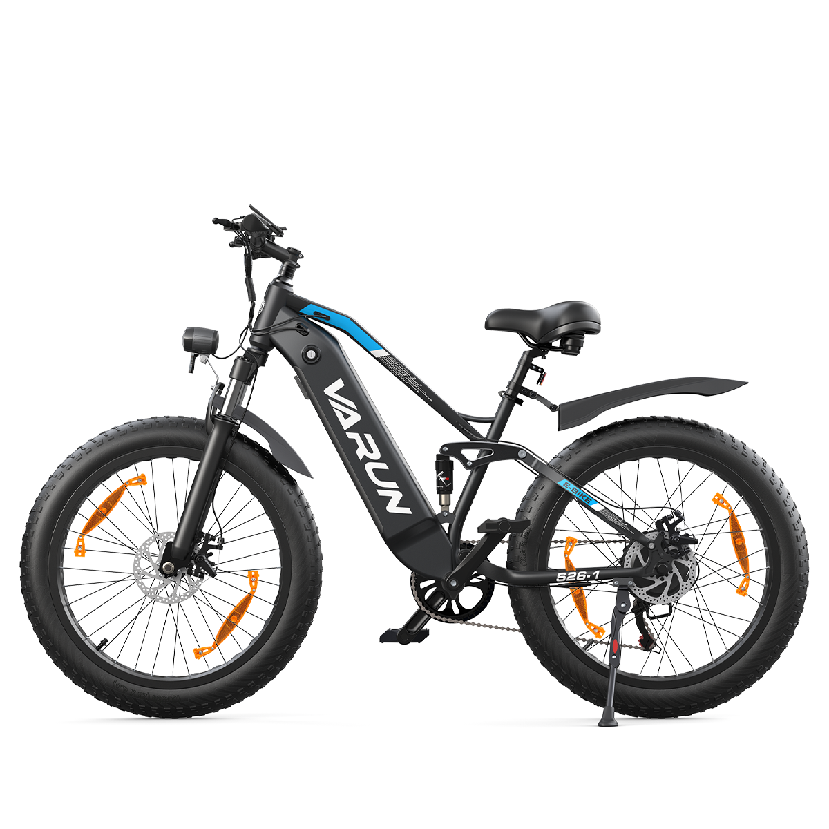 Czarno-niebieski rower elektryczny z grubymi oponami. Na ramie widnieje nazwa marki VARUN, a na kołach pomarańczowe odblaski.