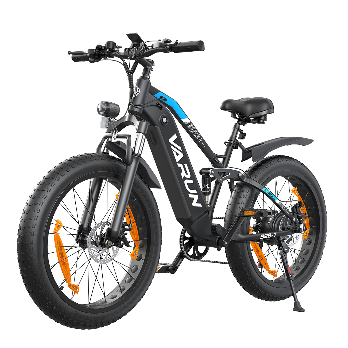 Czarno-niebieski rower elektryczny Varun. Ma duże opony i pomarańczowe odblaski. Tło jest białe.