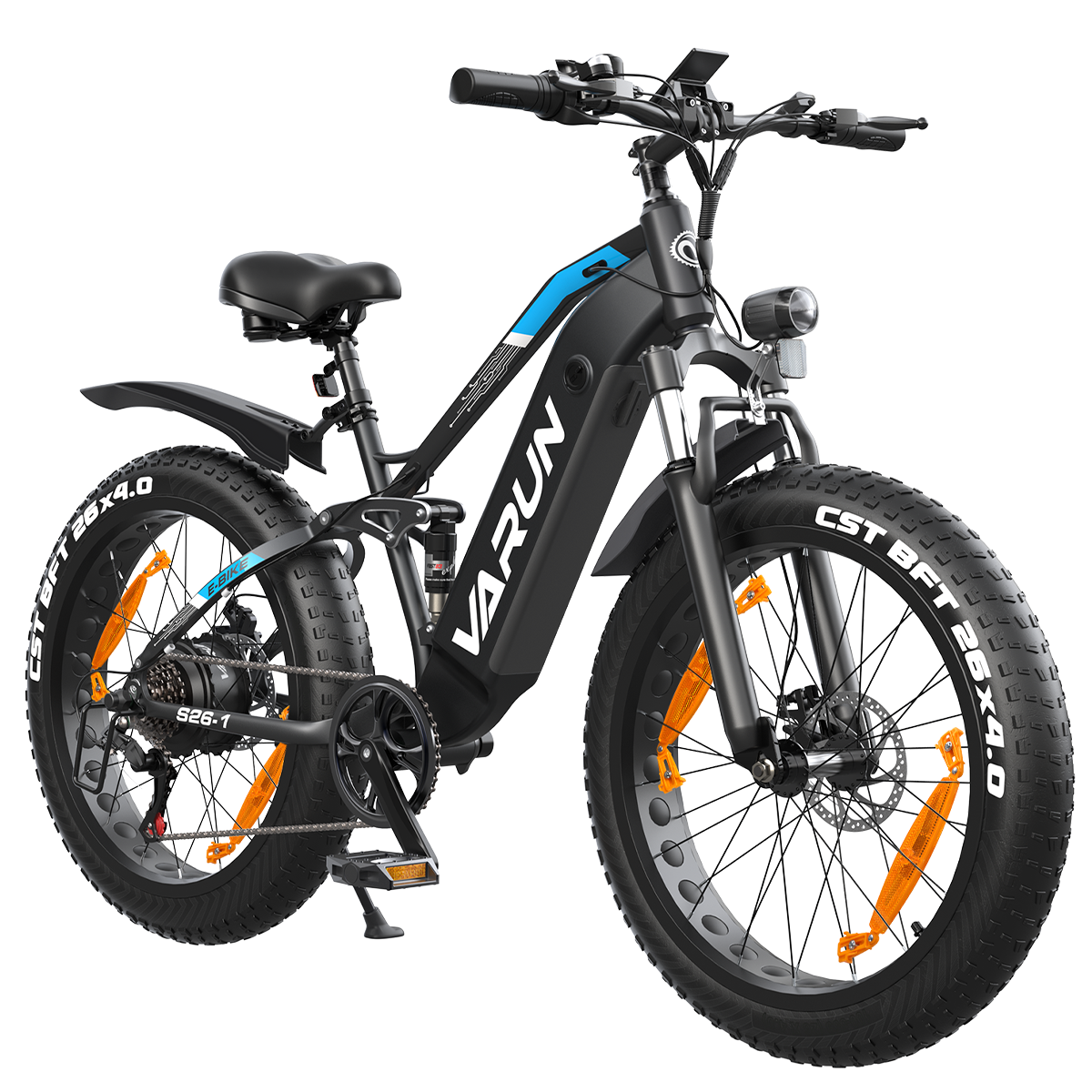 Widoczny jest czarno-niebieski rower elektryczny z grubymi oponami. Widoczna jest marka 'VARUN'. Na kołach znajdują się pomarańczowe odblaski.