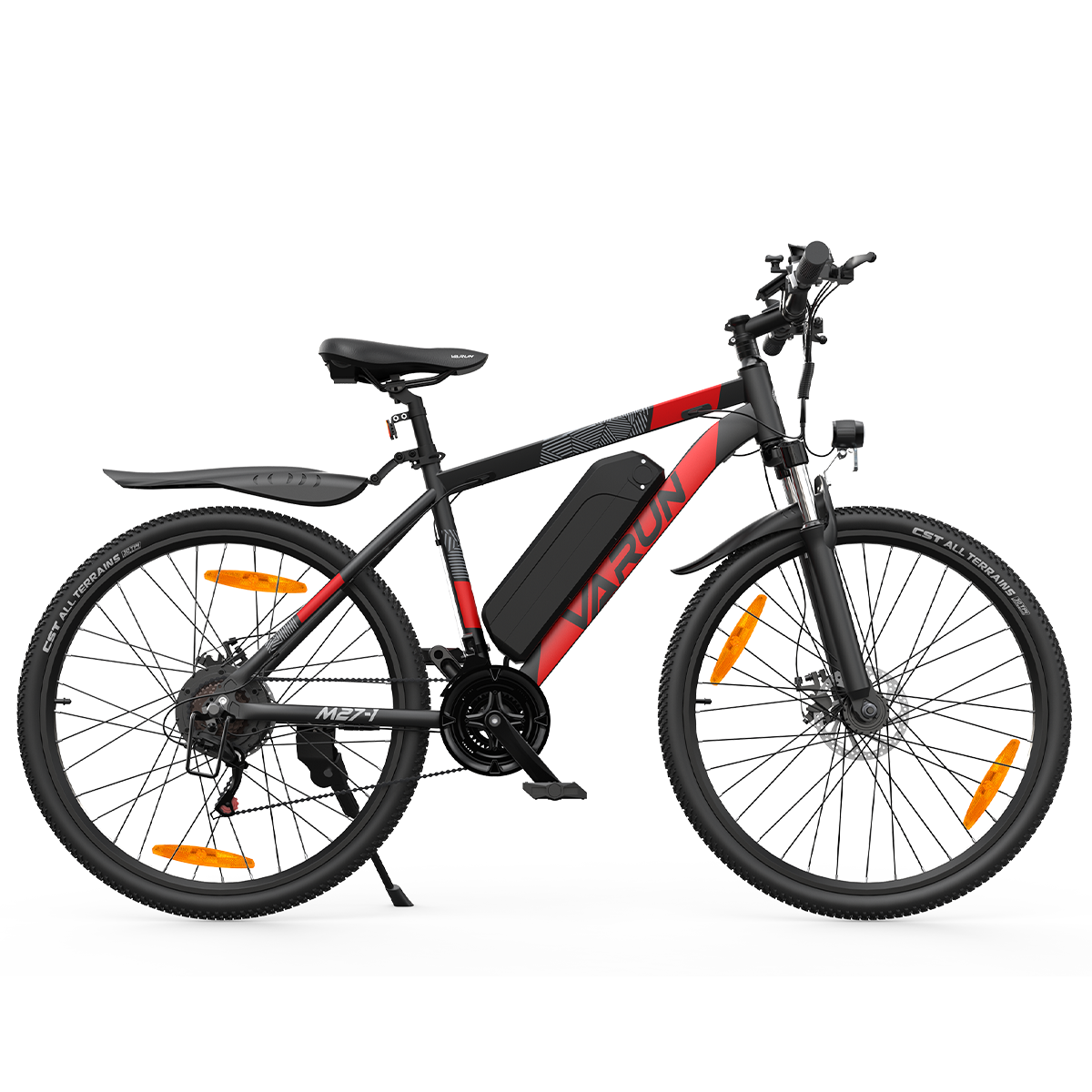 Rower elektryczny, czarna rama z czerwonymi akcentami. Posiada baterię, przednie i tylne światła oraz pomarańczowe odblaski. Marka to VARUN.