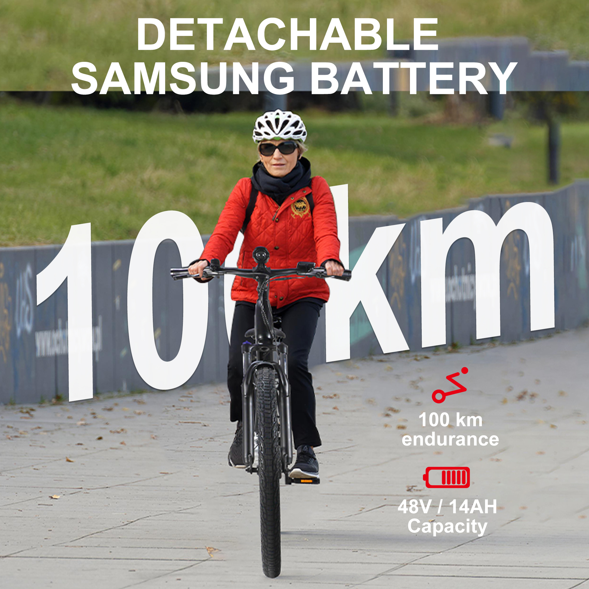 Kobieta jedzie czarnym rowerem elektrycznym. Tekst mówi „Detachable Samsung Battery”, „100 km” i szczegóły pojemności baterii.