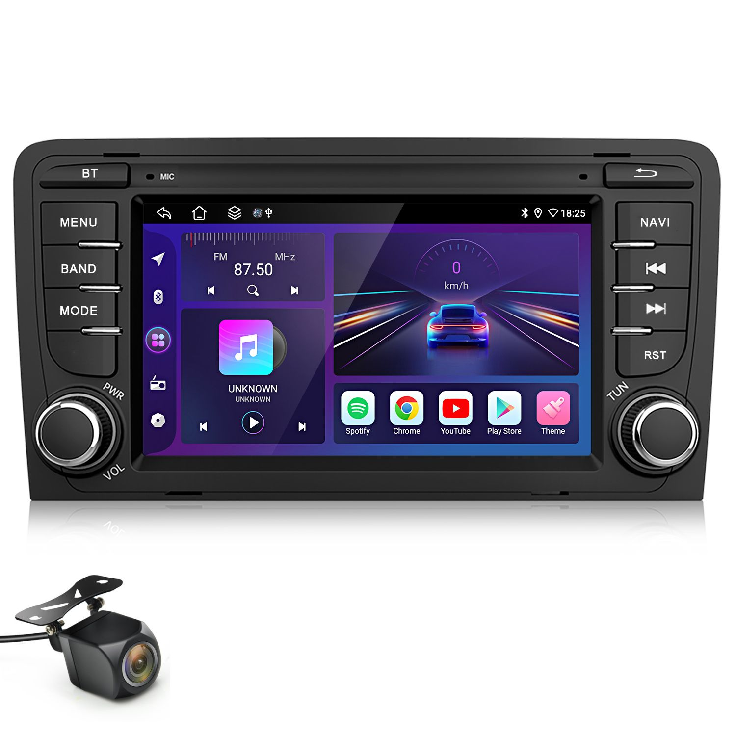 Autoradio con display digitale che mostra un'auto, comandi radio e icone di app. Sotto una telecamera per la retromarcia.