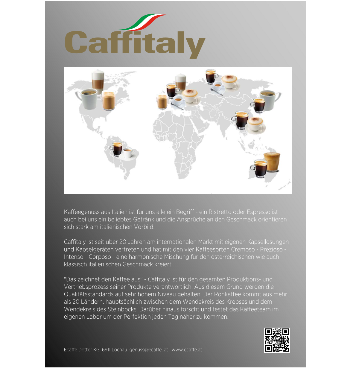 Caffitaly-Logo mit Kaffeetassen über einer Weltkarte, Text beschreibt die Marke und ihren Kaffee.
