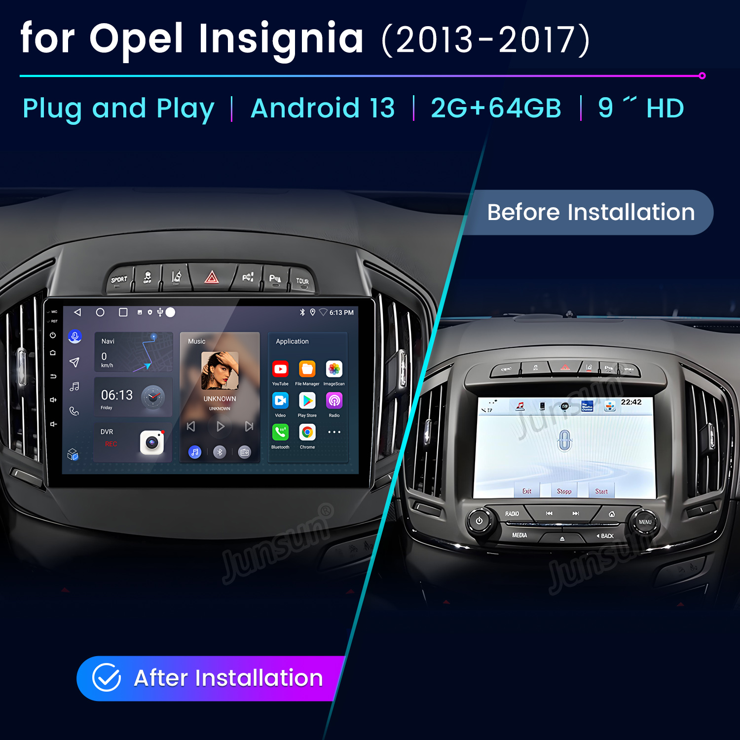 Confronto del cruscotto dell'auto: prima e dopo l'installazione di un nuovo sistema Android. Mostra la nuova interfaccia.