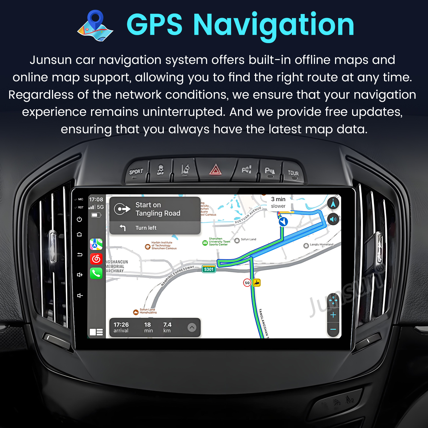 Il sistema di navigazione GPS dell'auto mostra una mappa con un percorso evidenziato sullo schermo.