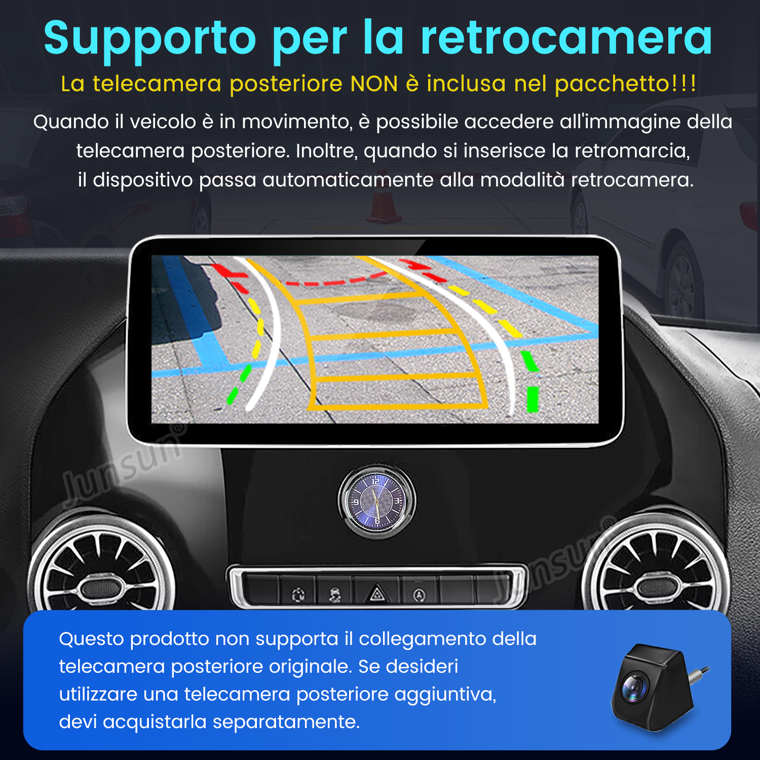 Cruscotto auto con schermo che mostra le linee di parcheggio. Il testo sopra indica la funzionalità della telecamera posteriore. Viene mostrata una telecamera separata.