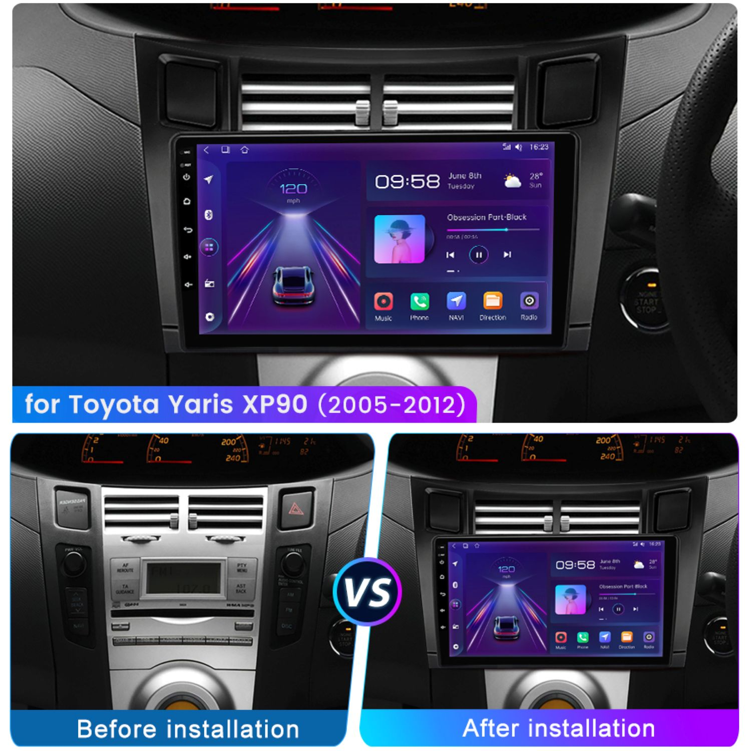 Cruscotto dell'auto che mostra prima e dopo l'installazione di un nuovo sistema multimediale. Il nuovo sistema visualizza l'ora e le info dell'auto.