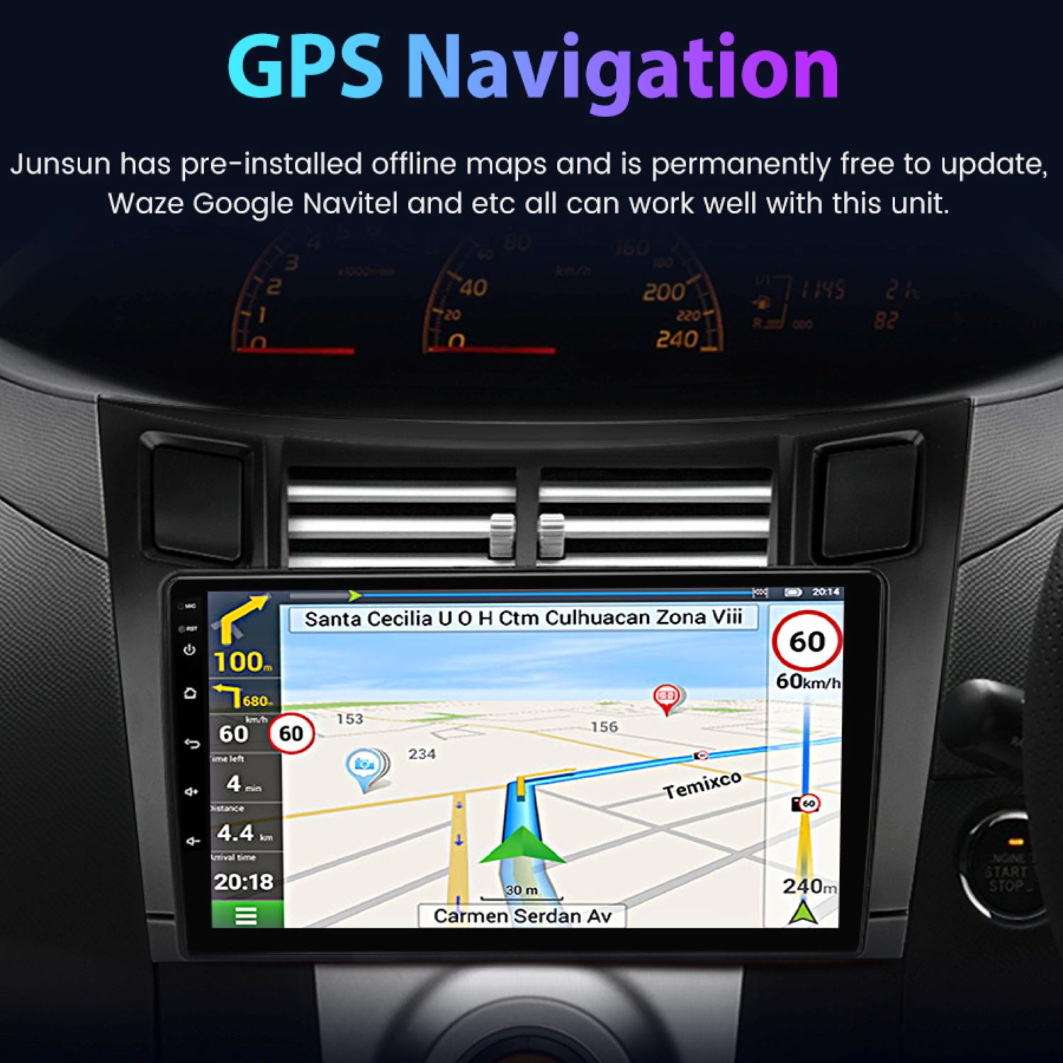 Cruscotto auto con navigazione GPS. Contachilometri e altri comandi dell'auto sono visibili.