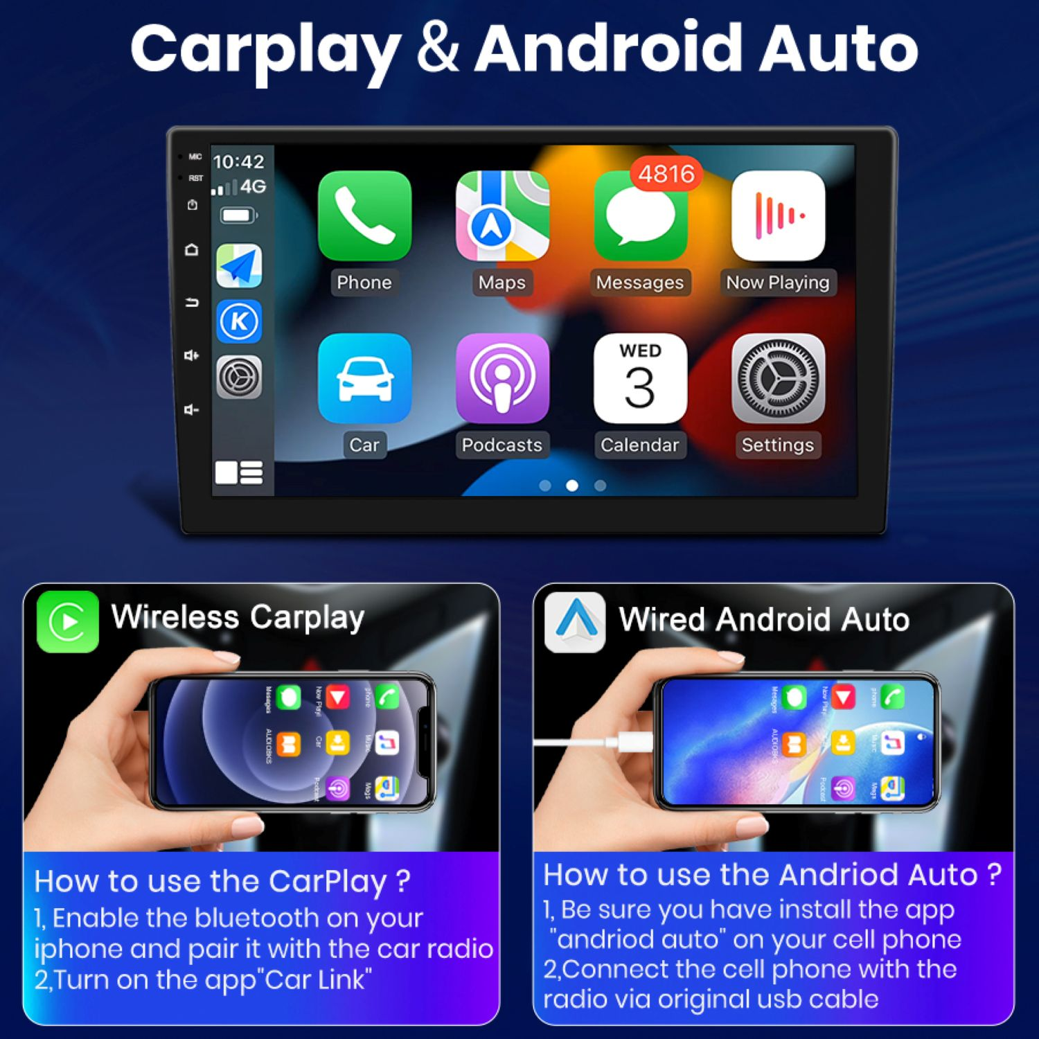 L'immagine mostra un display radiofonico per auto con icone di app. Sotto, due telefoni mostrano le istruzioni di configurazione di CarPlay e Android Auto.