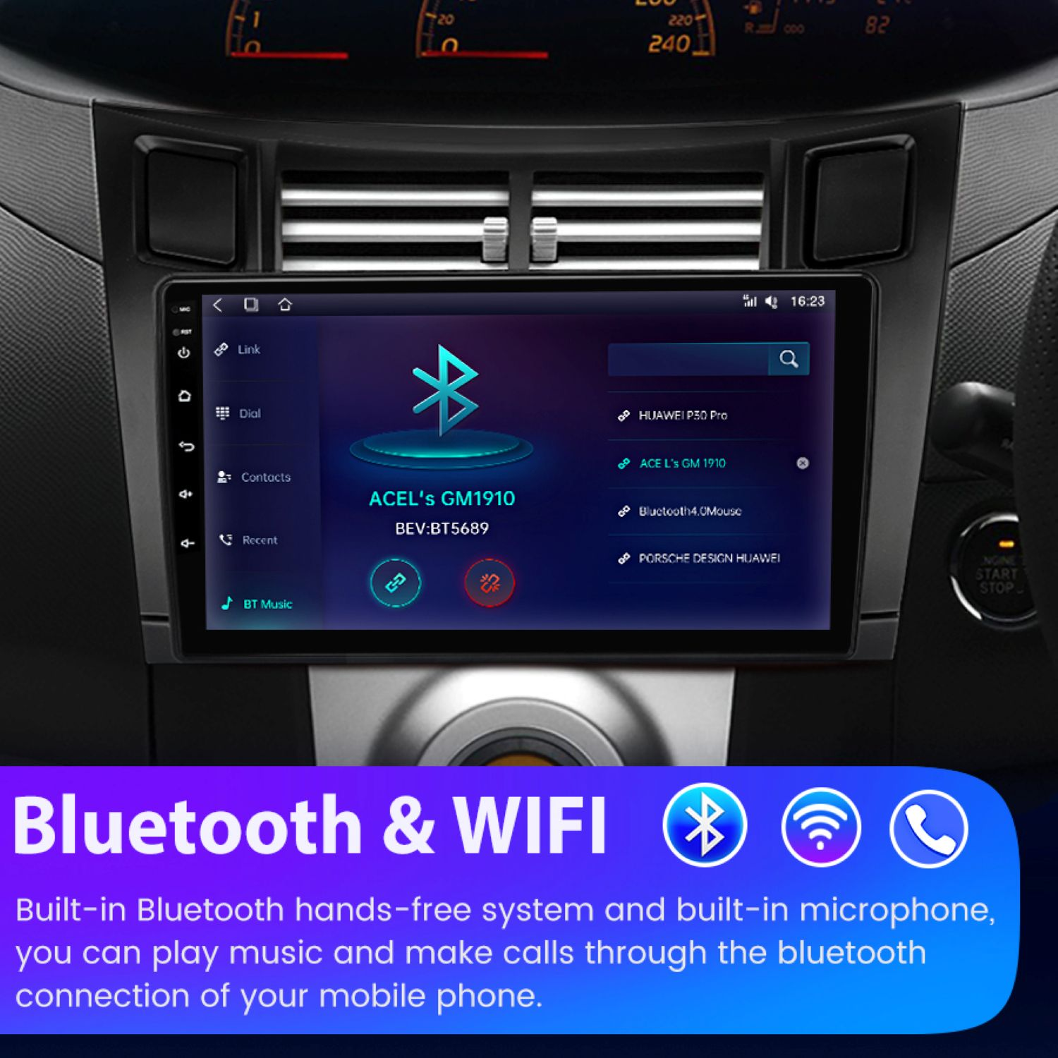Cruscotto auto con sistema Bluetooth e WiFi. Lo schermo mostra opzioni di connessione e funzionalità.