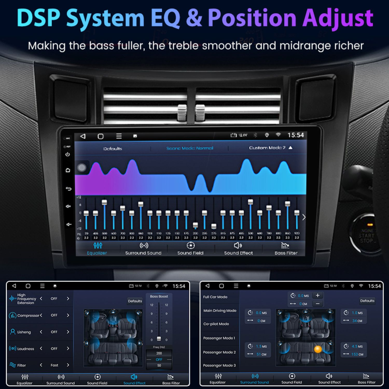 Schermo autoradio con equalizzatore e impostazioni audio, pulsanti e interni auto.
