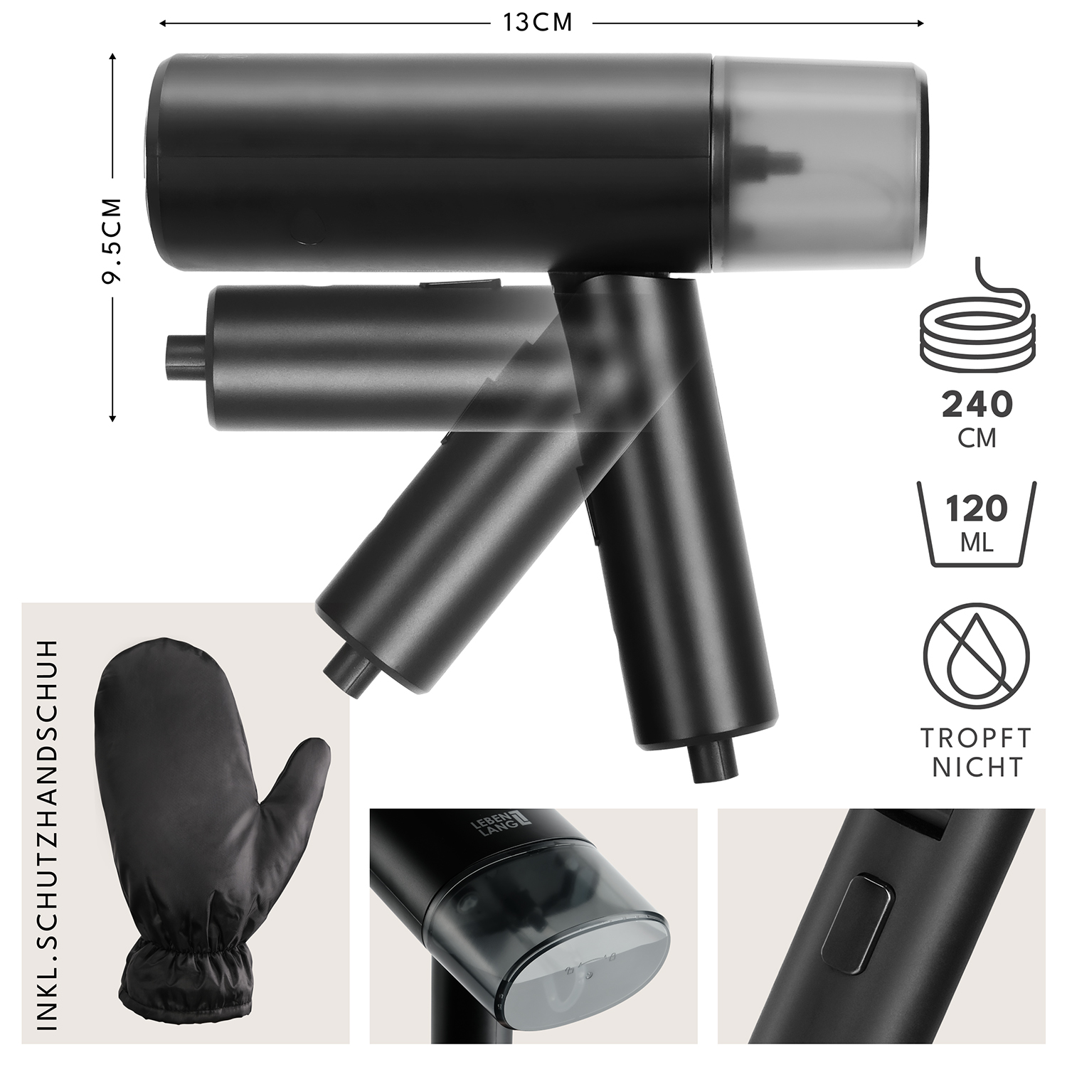 Uno steamer nero e grigio con dimensioni. Include un guanto protettivo e icone per lunghezza, capacità e antigoccia.