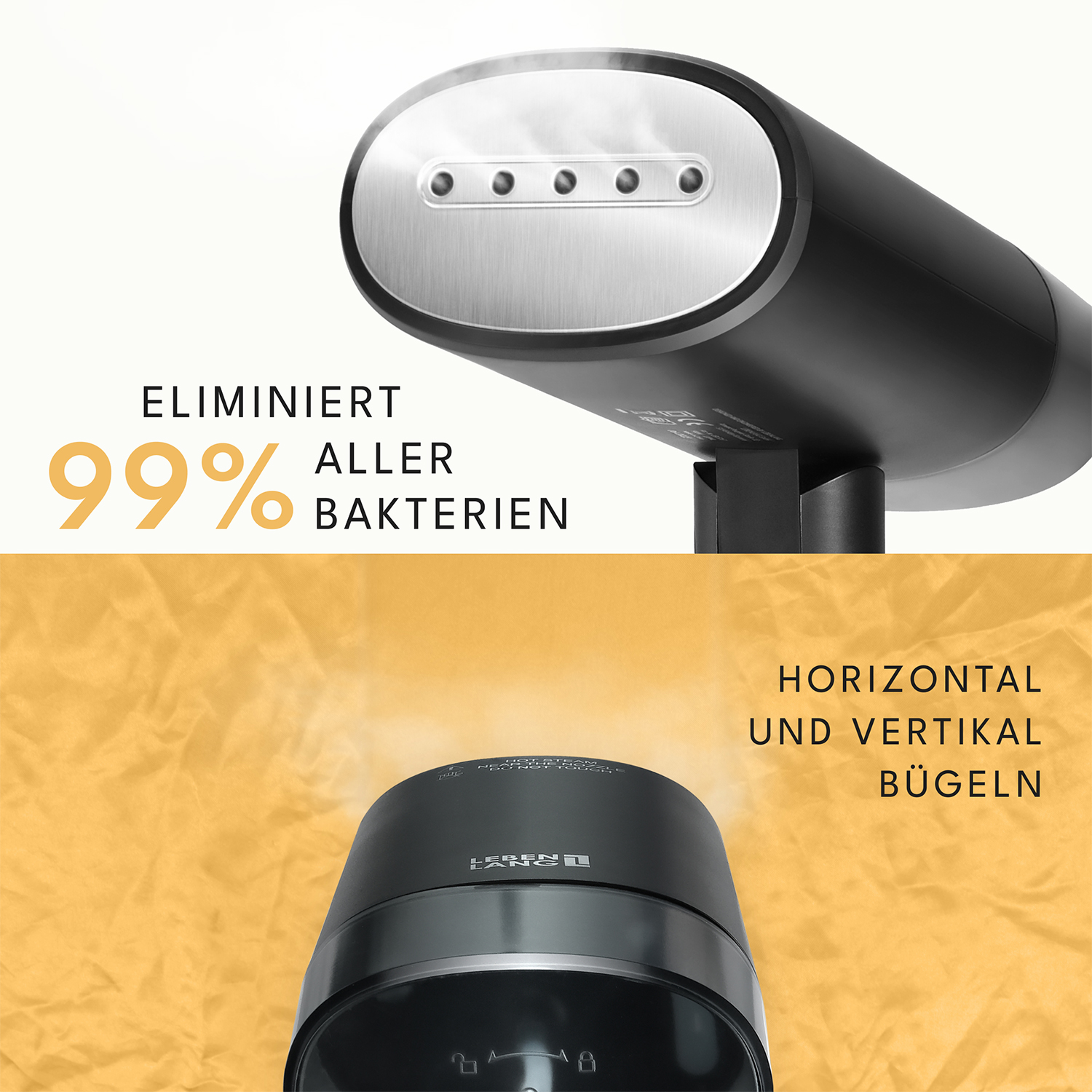 Un vaporizzatore per vestiti nero e argento con vapore. Il testo dice 'Elimina il 99% di tutti i batteri' e 'Stiratura orizzontale e verticale'.