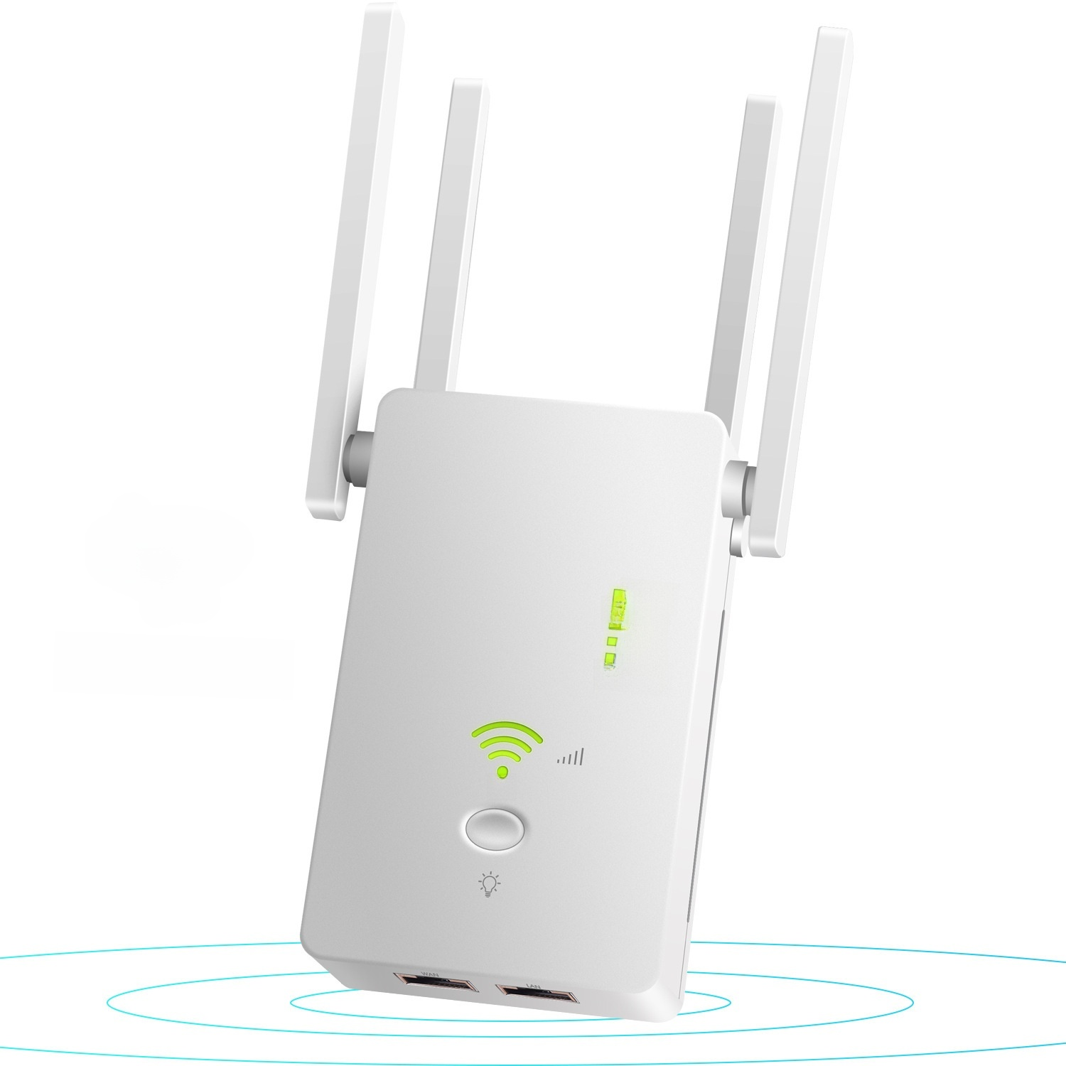 Ein weißer WLAN-Repeater mit vier Antennen. Er hat grüne Kontrollleuchten und zwei Anschlüsse. Ein Knopf und ein Lichtsymbol sind sichtbar.