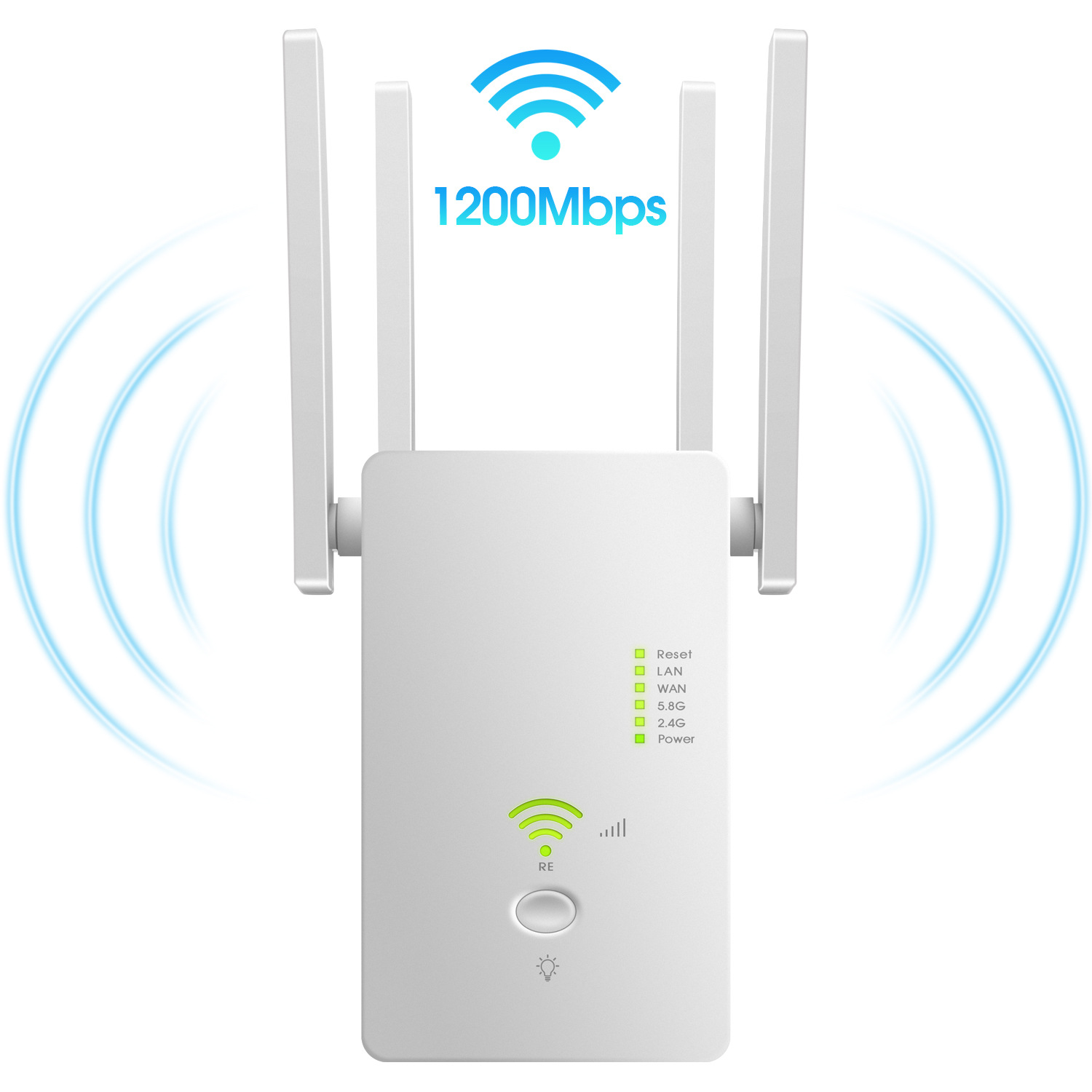 Ein weißer WLAN-Repeater mit Antennen. Er zeigt ein WLAN-Symbol und den Text 1200Mbit/s. Es gibt auch Kontrollleuchten und eine Taste.