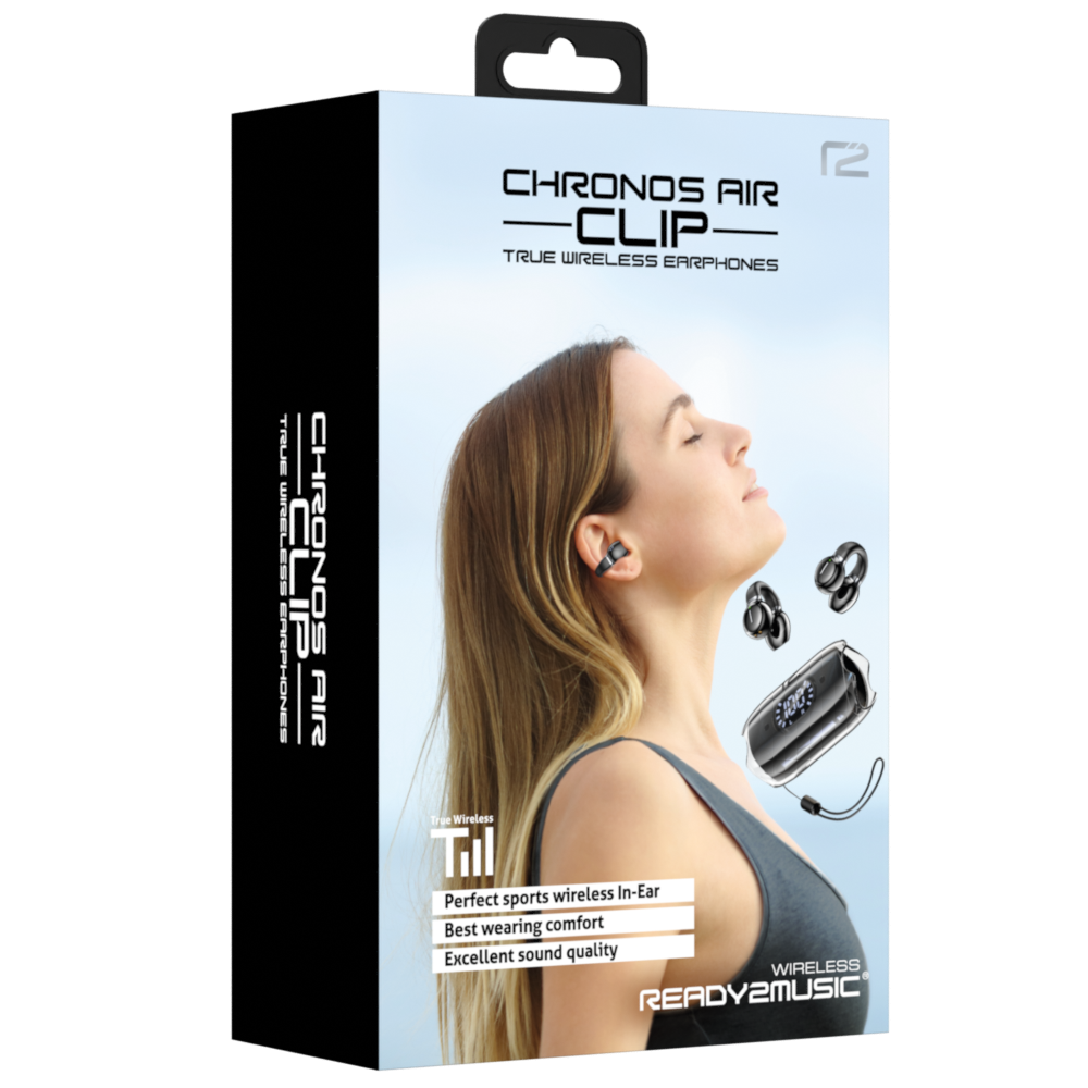 Frau mit Ohrhörern, Produktverpackung mit Ohrhörerbild und Text. Auf der Verpackung steht 'CHRONOS AIR - CLIP - TRUE WIRELESS EARPHONES'.