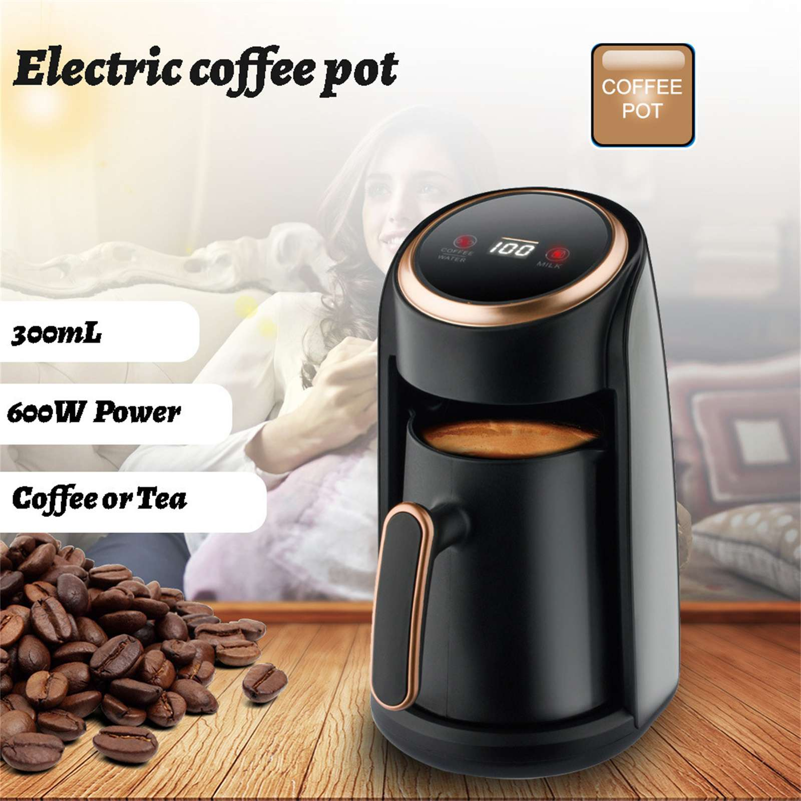 Schwarzer elektrischer Kaffeekocher mit Kaffeebohnen auf einem Holztisch. Text enthält: 300 ml, 600 W Leistung, Kaffee oder Tee.