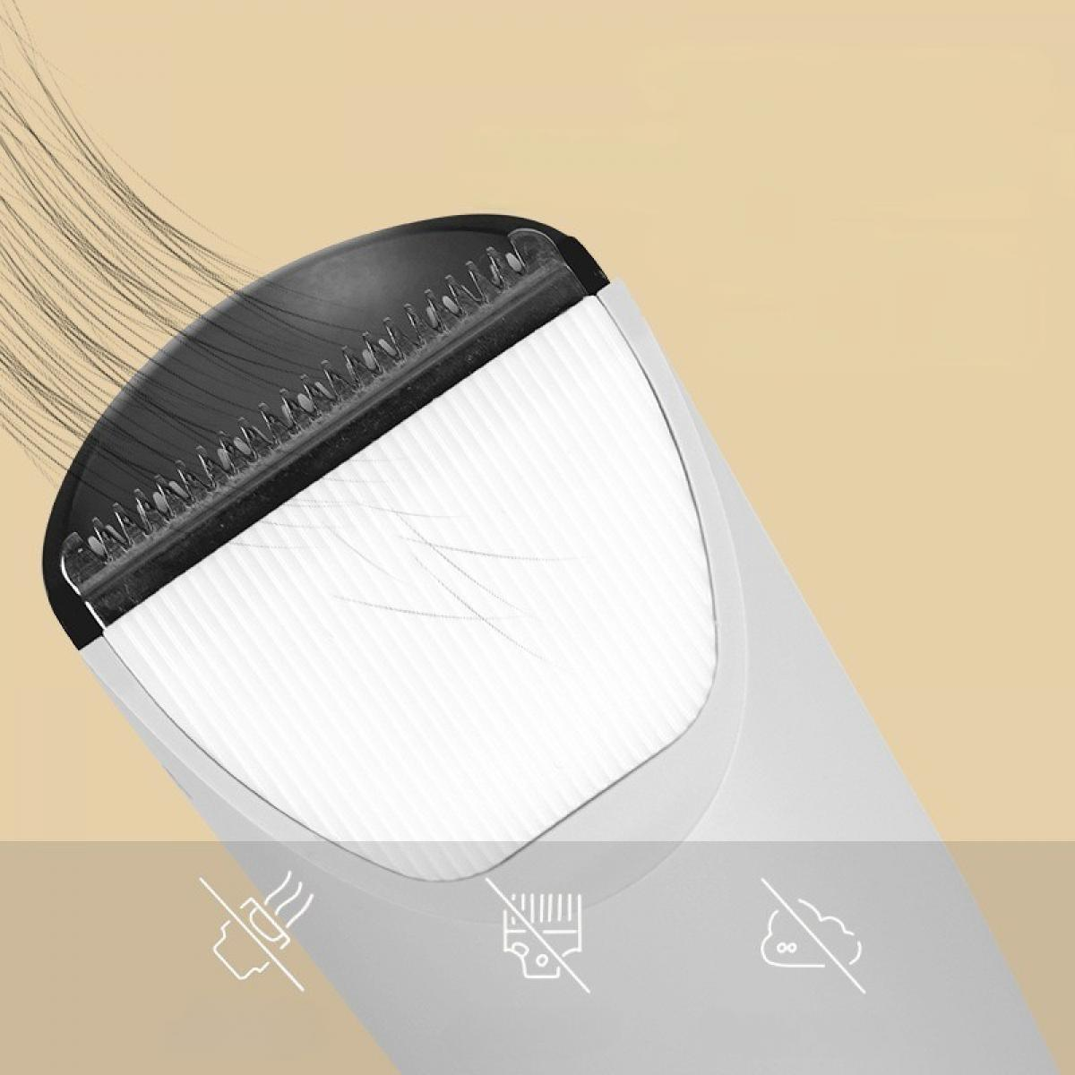 Nahaufnahme eines weißen und schwarzen Haarschneiders mit Haarsträhnen. Symbole darunter deuten auf Rasieren und Haarentfernung hin.