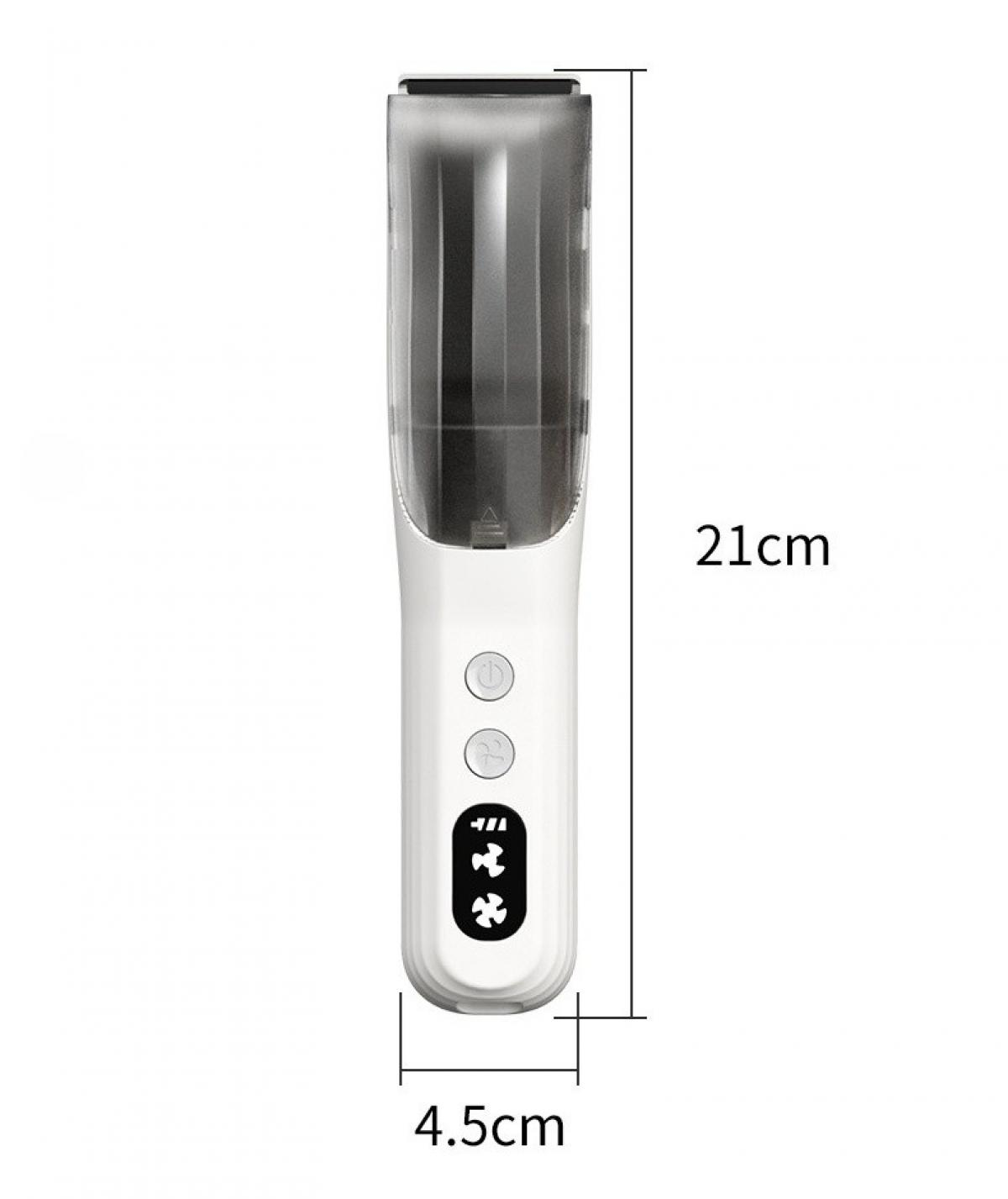 Ein weiß-grauer elektrischer Haarschneider, 21 cm lang und 4,5 cm breit, mit Ein-/Aus- und Geschwindigkeitstasten sowie einem Lüftersymbol.