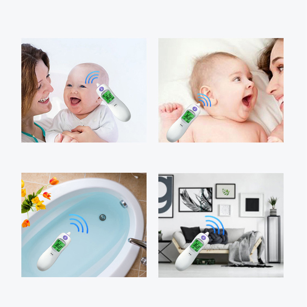 Das Bild zeigt ein Baby und einen Erwachsenen, die ein Thermometer benutzen. Das Thermometer zeigt eine Temperatur von 36,8 Grad Celsius an.
