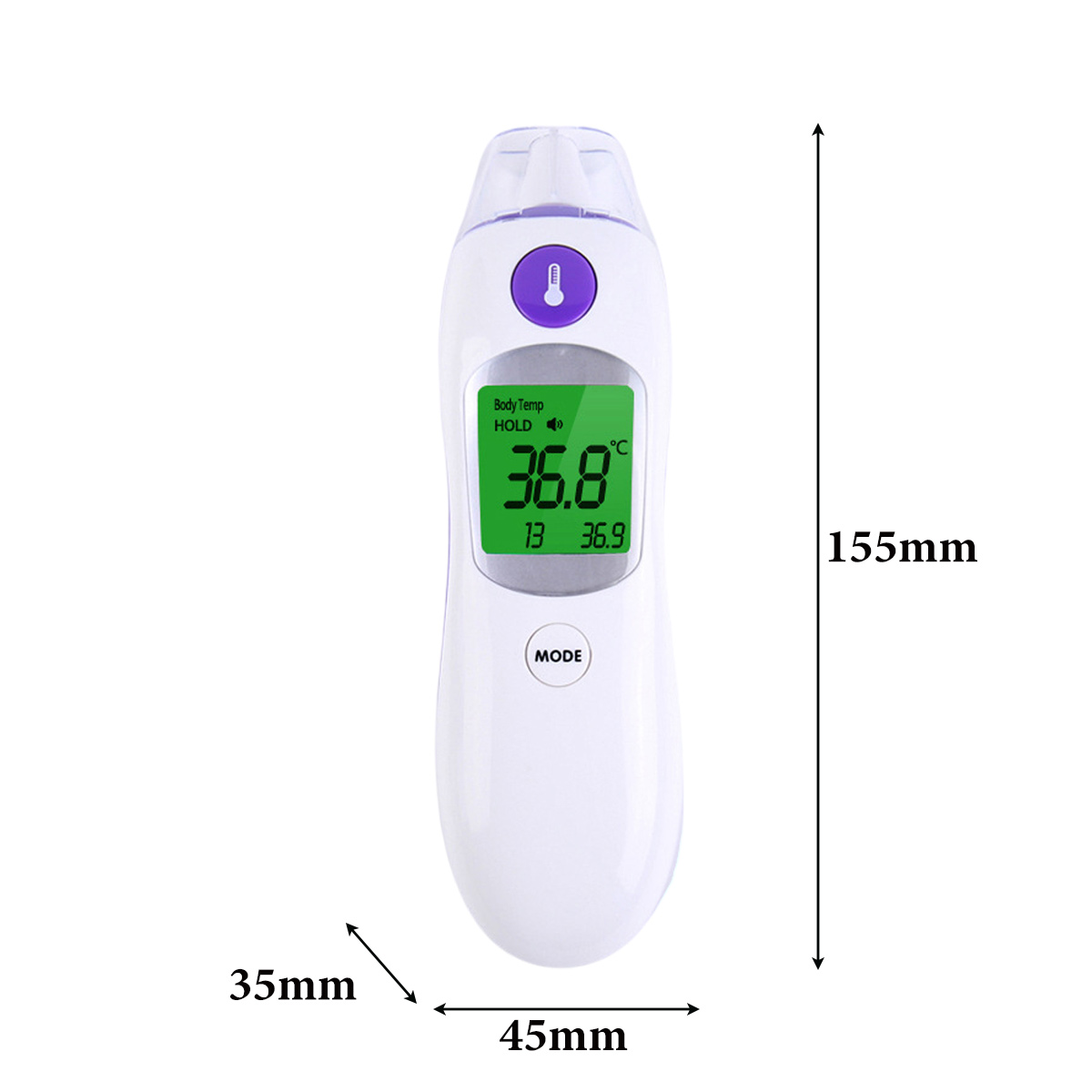 Ein weißes digitales Thermometer zeigt 36,8°C an. Abmessungen: 155 mm hoch, 45 mm breit, 35 mm dick. Grünes Display, lila Knopf.