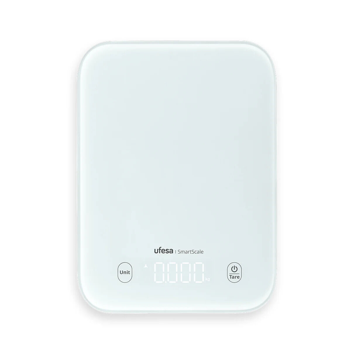 Bilancia da cucina digitale bianca con angoli arrotondati. Ha un display che mostra '0.000' e pulsanti per Unità e Tara. Il marchio è 'ufesa'.