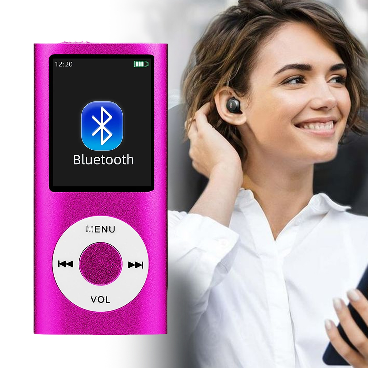 Eine Frau trägt einen Ohrhörer und hält ein Telefon. Ein pinkfarbener MP3-Player mit Bluetooth-Symbol im Hintergrund.