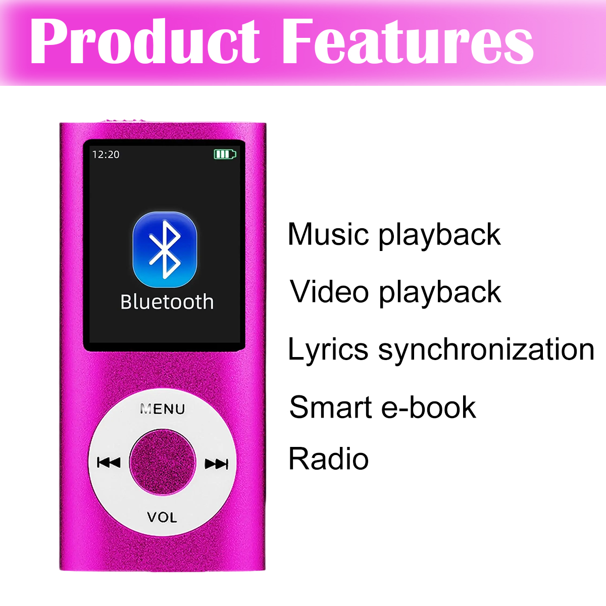 Pinkfarbener MP3-Player mit Bluetooth-Logo auf dem Bildschirm. Funktionen: Musik, Video, Texte, E-Book und Radio. Text: Produktmerkmale.