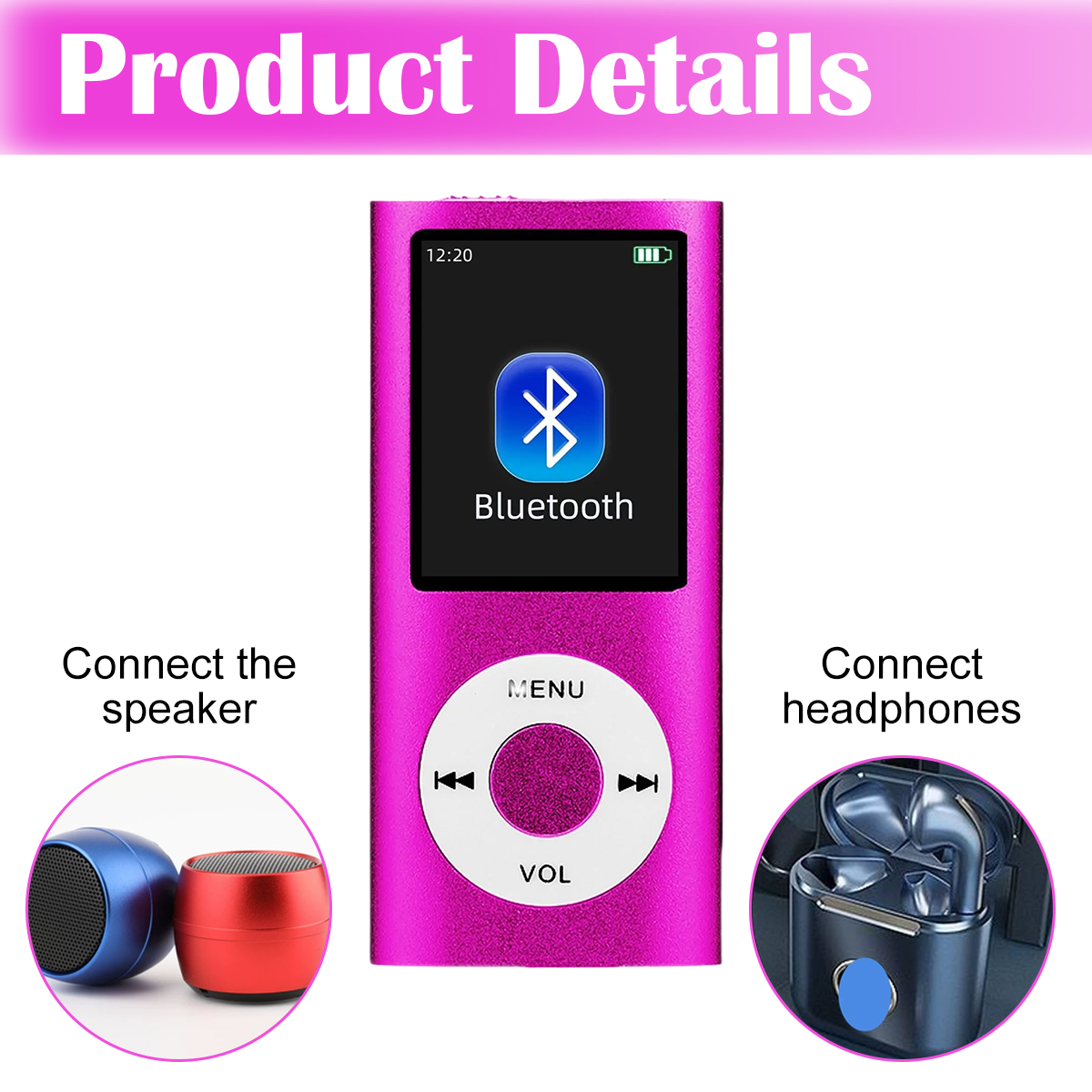 Ein pinkfarbener MP3-Player mit Bluetooth-Logo auf dem Bildschirm. Auf den Seiten sind Lautsprecher und Kopfhörer mit Anweisungen abgebildet.