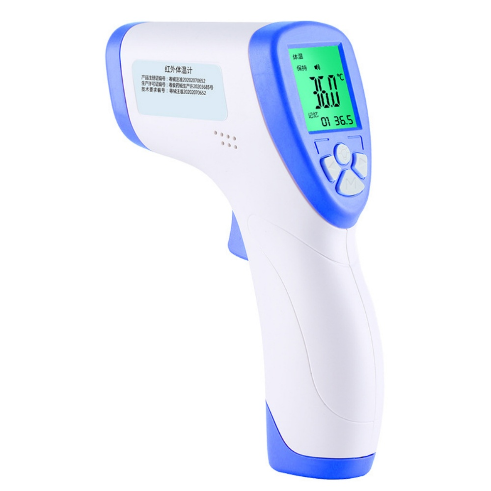 Ein weiß-blaues Infrarot-Thermometer zeigt eine Temperatur von 36,0 Grad Celsius an. Unter dem Display befinden sich Knöpfe.